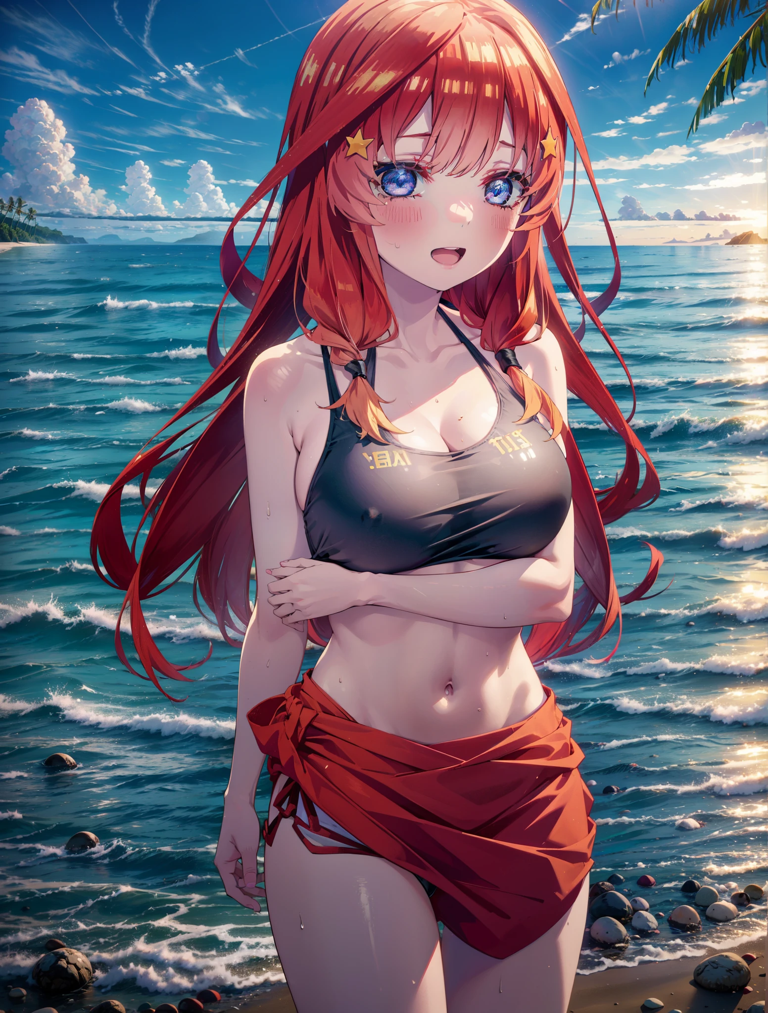 itsukinakano, Itsuki Nakano, bangs, blue eyes, Hair between the eyes, Ahoge, Redhead, star \(symbol\), hair ornaments, star hair ornaments,Big Breasts,Long braids,happy smile, smile, Open your mouth,Belly button,Red Bikini Swimsuit,Bare Belly,A light red blanket is wrapped around his waist., barefoot,(Beach salon), Big Breasts,((salon)), Beach outfit,Real Summer,Palm tree,So that the whole body goes into the illustration,
break outdoors, Beach,
break looking at viewer, (Cowboy Shot:1.5),
break (masterpiece:1.2), highest quality, High resolution, unity 8k wallpaper, (shape:0.8), (Beautiful and beautiful eyes:1.6), Highly detailed face, Perfect lighting, Highly detailed CG, (Perfect hands, Perfect Anatomy),