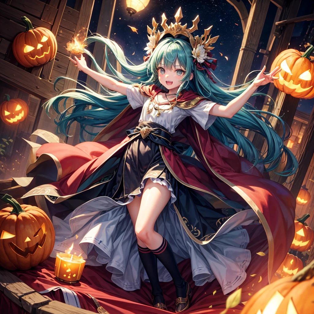 Aqua blue hair、Golden Eyes、Braid、One good looking girl、solo、anime、Checkered mini skirt、Ruffles on the skirt、Red T-shirt、Cape、Gothic、Black knee-high socks、bandana、Fluffy clothes、Wearing a ribbon、Ribbon on waist、Tilting face、Teeth are visible、Sunset sky、Piercing the clouds、Contrail、lotus leaves、Cumulonimbus、Pillar of Light、candle fire、Silver coin necklace、A world of light、Spreading his arms for balance、Pumpkin hat、shine、From above