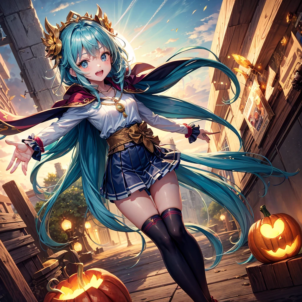 Aqua blue hair、Golden Eyes、Braid、One good looking girl、solo、anime、Checkered mini skirt、Ruffles on the skirt、Red T-shirt、Cape、Gothic、Black knee-high socks、bandana、Fluffy clothes、Wearing a ribbon、Ribbon on waist、Tilting face、Teeth are visible、Sunset sky、Piercing the clouds、Contrail、lotus leaves、Cumulonimbus、Pillar of Light、candle fire、Silver coin necklace、A world of light、Spreading his arms for balance、Pumpkin hat、shine、From above