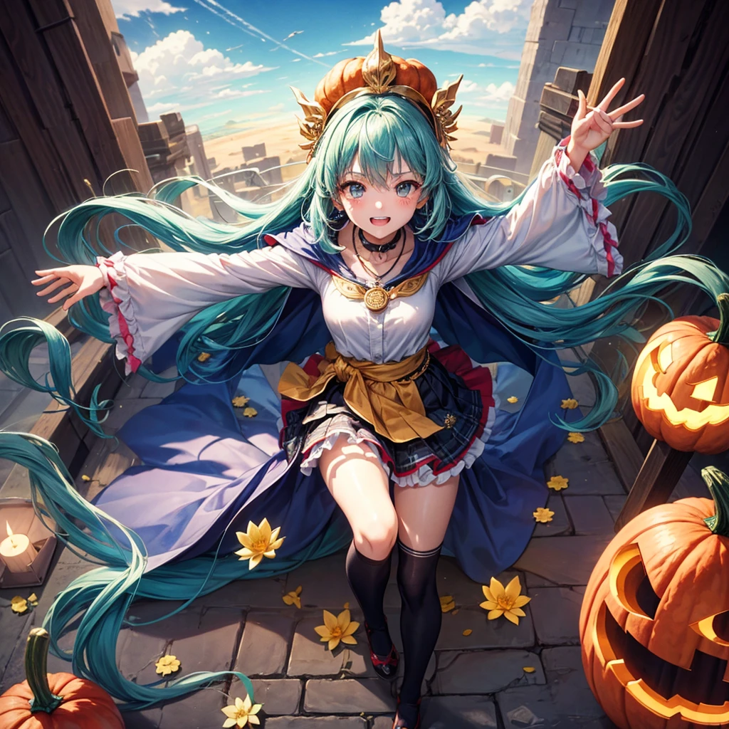 Aqua blue hair、Golden Eyes、Braid、One good looking girl、solo、anime、Checkered mini skirt、Ruffles on the skirt、Red T-shirt、Cape、Gothic、Black knee-high socks、bandana、Fluffy clothes、Wearing a ribbon、Ribbon on waist、Tilting face、Teeth are visible、Sunset sky、Piercing the clouds、Contrail、lotus leaves、Cumulonimbus、Pillar of Light、candle fire、Silver coin necklace、A world of light、Spreading his arms for balance、Pumpkin hat、shine、From above