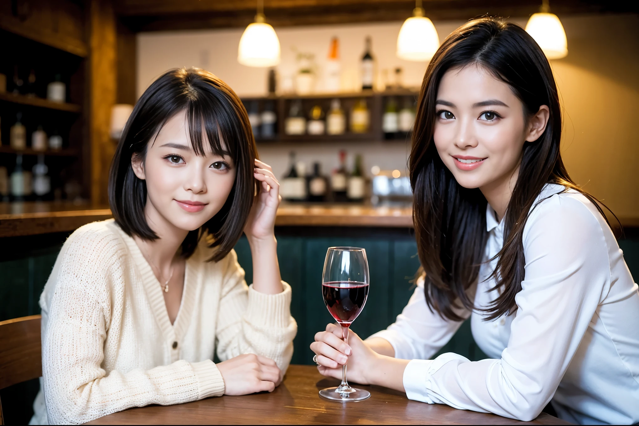 ((highest quality、8k、masterpiece:1.3))、1 male 1 female、Couple、Spouse、Couple、The body is slim、((Bob Hale、Straight hair:1.2)), (Realistic, Intricate details:1.2), テーブルの上のwine glass、Put the light on your face、 Amazing view of the sunset sky and clouds、Amazing mountain views、A bright smile、The wonderfulness of smile、Bright image、The beauty of wine, Beautiful Face, blue eyes, The light shines on your face, Blushing, short hair,Bright Face、 (Age 37), 39 years old, red wine 、Appetizers、Italian food、Wine bottle、Champagne、sparkling wine、Two beauties、Brown Hair、Shortcuts、Long sleeve shirt、dress、Pretty Woman 1, (slimな顔), (The body is slim), (Brown Hair), (Shortcuts), cheeks turn a little red,Attractive beauty、restaurant, In a prominent place (From the waist up) Nova Frog Style, actress, model, Upper Body, White wine, slim, wine glass, 中央に置かれたwine glass, smile, (smile: 1.15), Beautiful fine grain, Depth f/2,saturation, High Contrast, Strong light and shadow,Moist Body:1.5、3D texture、Delicate eyes、Brown Hair、The hair is very shiny、