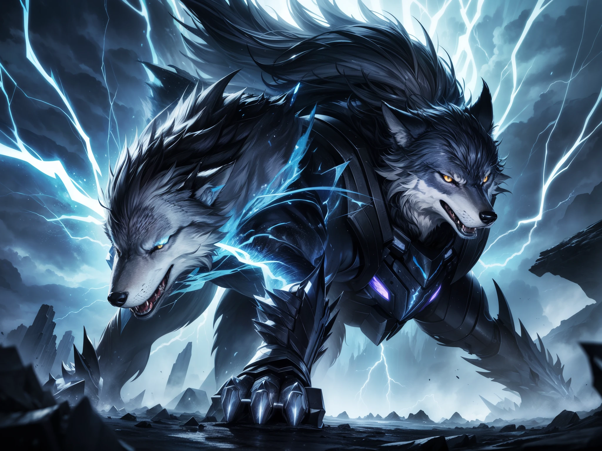 score_9, score_8_up, score_7_up, (1wolf), (sfw), detail eyes, HD32k, very detailed, amazing quality, intricate, cinematic light, highly detail, surreal, dramatic, realistic, galaxy fantasy colors.  A stunning and dynamic illustration of a lightning wolf. The wolf is a majestic and powerful creature, with sleek, silver fur that crackles with electric energy. armored. Its eyes glow with an intense, electric blue light, and arcs of lightning dance around its body. The wolf's stance is both fierce and elegant, capturing the essence of a predator infused with elemental power.
The background is a stormy landscape, with dark clouds swirling above and bolts of lightning striking down, illuminating the scene with bright, jagged flashes. The ground beneath the wolf is scorched and crackling with residual electricity, creating an atmosphere of raw, untamed power. The overall mood is intense and awe-inspiring, showcasing the majestic and fearsome nature of the lightning wolf amidst the fury of the storm.