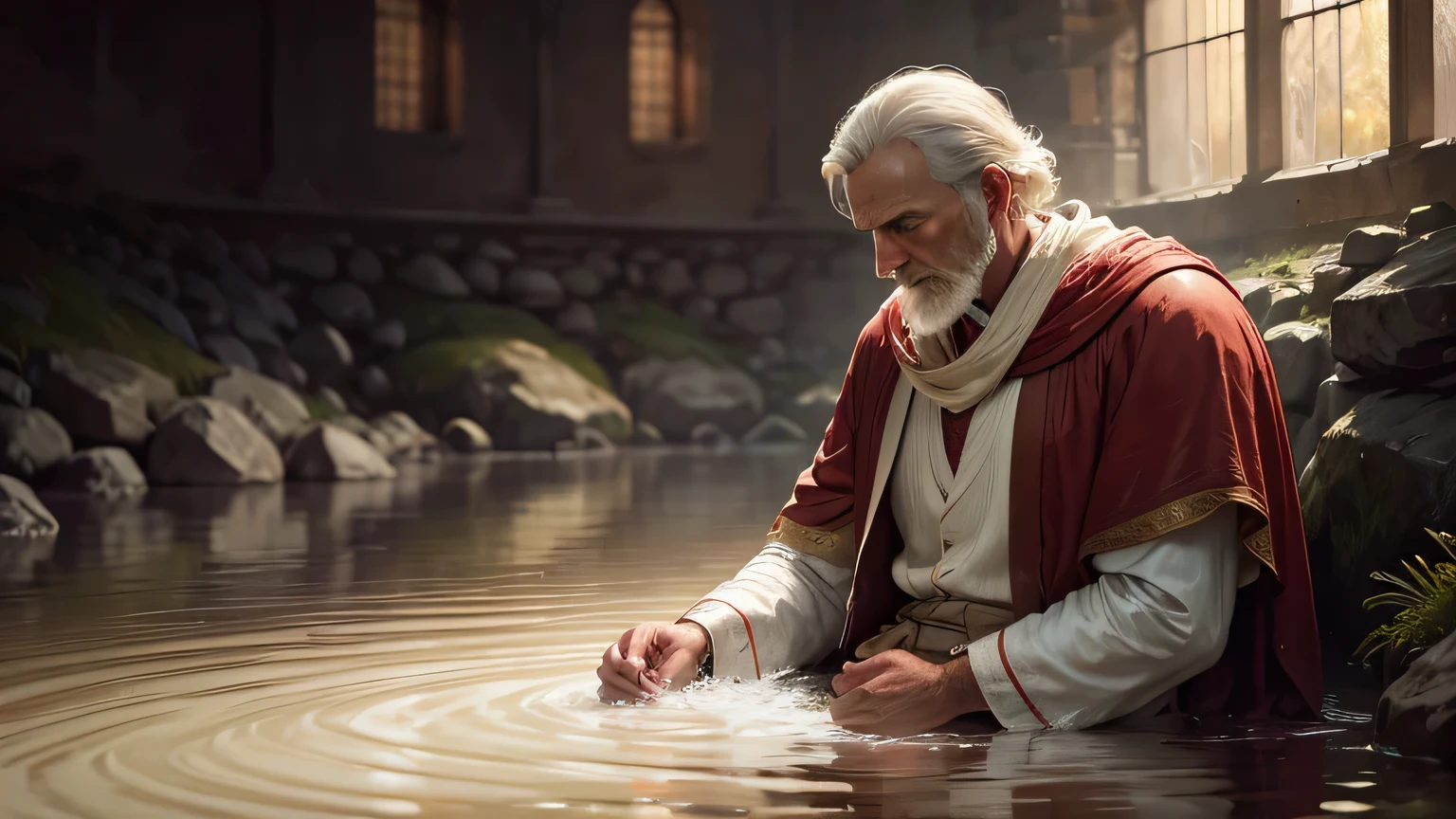 a man in old brown clothes baptizing by immersion in a river a man in old white clothes with a red mantle, detailed portrait, realistic, photorealistic, 8k, highly detailed, masterpiece, classical religious painting, dramatic lighting, chiaroscuro, muted color palette, somber mood