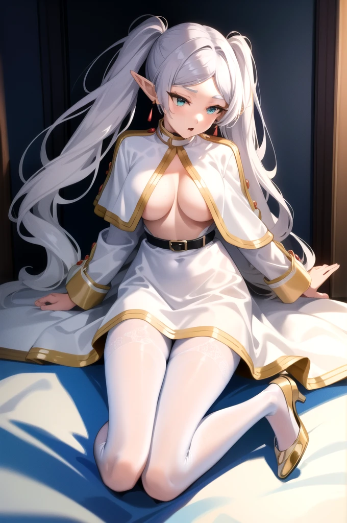 (masterpiece, best quality),  intricate details,
1girl,     frieren, long hair, pointy ears, jewelry, earrings, twintails, long sleeves, capelet, white capelet, dress, parted bangs, white dress, belt, pantyhose、, large breasts,clothes in mouth, cleavage, navel, t-shirt, ((naked)),clothes lift, shirt in mouth, skirt, lying, full Body,sexy body,sitting, bare breasts