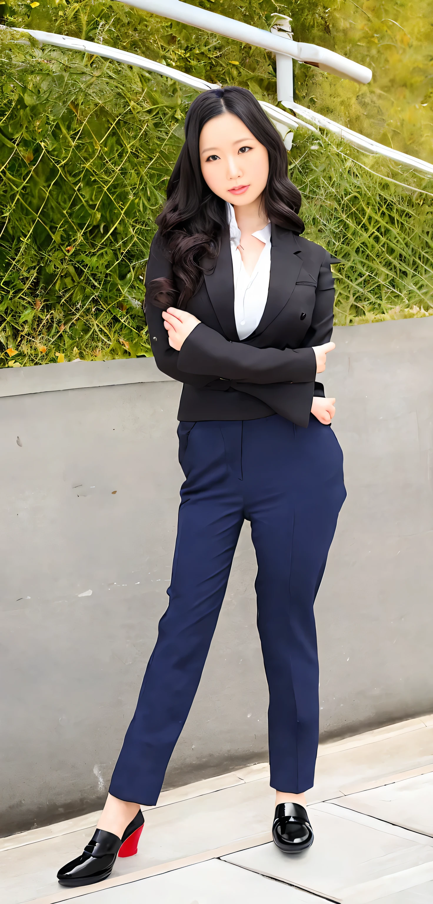 Japanese ID, Mature Woman, ((Chubby round face around 30 years old)), Wavy black hair with no bangs, Long Hair:1.65, Big twin ponytail:1.79, Flashy makeup, Fuller lips, Sexy Gaze, Cute Uniform, ((dressing)), looking at the camera, Low angle shooting, Cute duck lips,((Very accurate and correct anatomy)), (masterpiece:1.3), Perfect balance, Realistic photos, Full Shot, whole body, ((height: 158cm)), High heels, loafers, (2 Foot, Two Arms), ((Panty shot)),Big Breasts:1.5