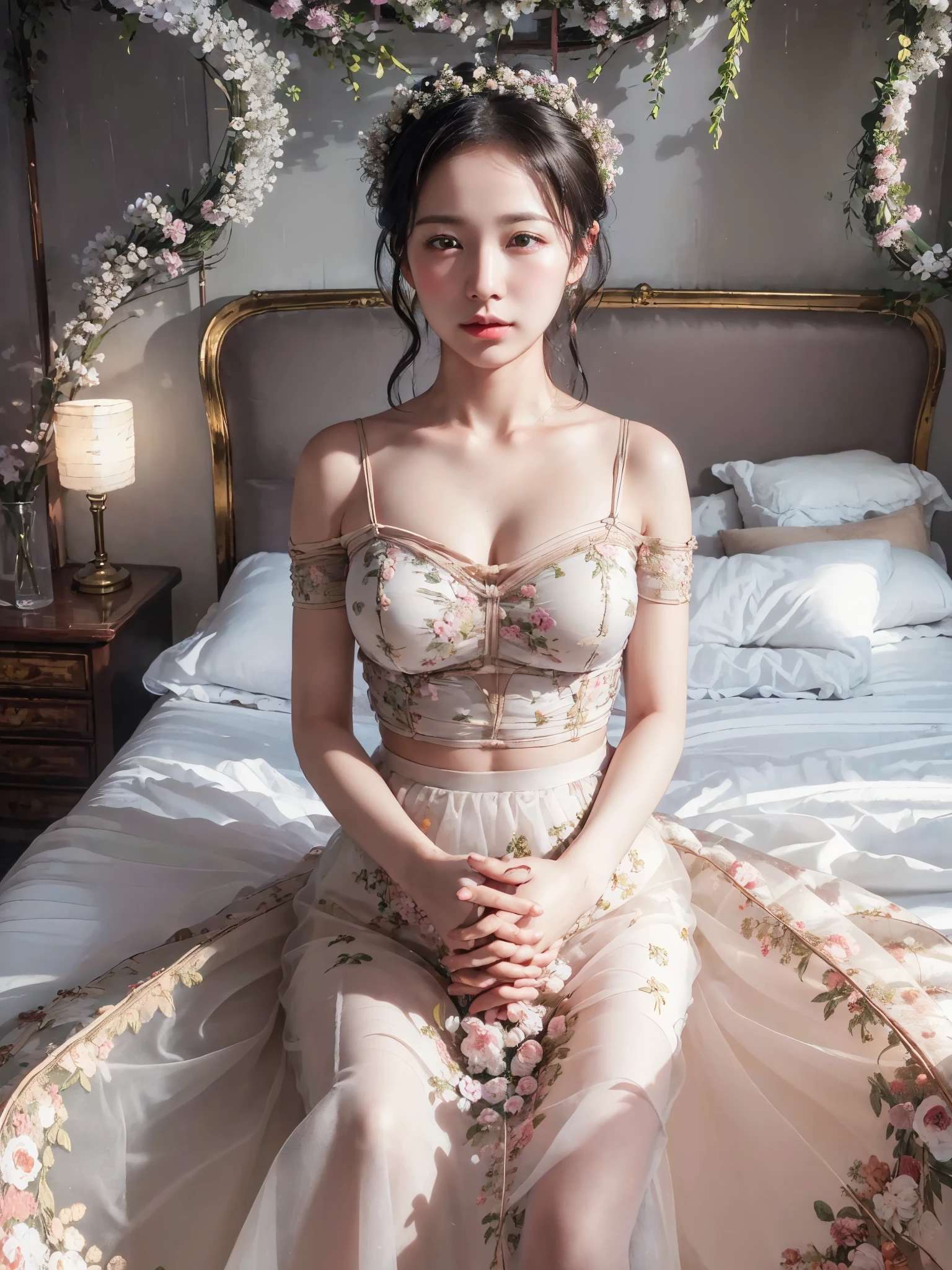 (((masterpiece))), (((highest quality: 1.4))), ((Very detailed: 1.4)) , ((Genuine:1.4)), One girl,(Bright lighting,Romantic atmosphere),Dreamy Background,,Black Hair, Enchanting, , Soft Skin, Enchantingな美しさ, Artistic portrait, High-quality images, Vibrant colors,Pink floral long sheer skirt, mosquito net, romantic bedroom, Side suspension,Solobound,Blindfold,