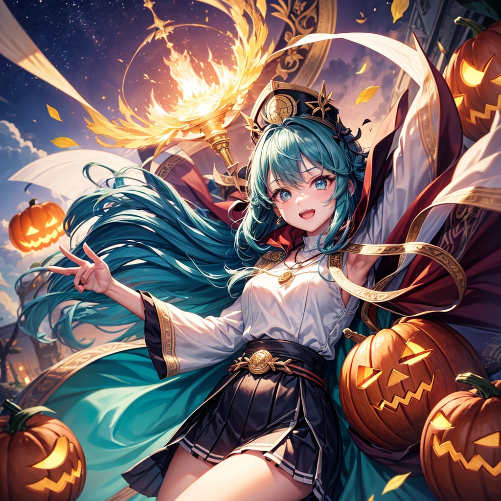 Aqua blue hair、Golden Eyes、Braid、One good looking girl、solo、anime、Checkered mini skirt、Ruffles on the skirt、Red T-shirt、Cape、Gothic、Black knee-high socks、bandana、Fluffy clothes、Wearing a ribbon、Ribbon on waist、Tilting face、Teeth are visible、Sunset sky、Piercing the clouds、Contrail、lotus leaves、Cumulonimbus、Pillar of Light、candle fire、Silver coin necklace、A world of light、Spreading his arms for balance、Pumpkin hat、shine、From above