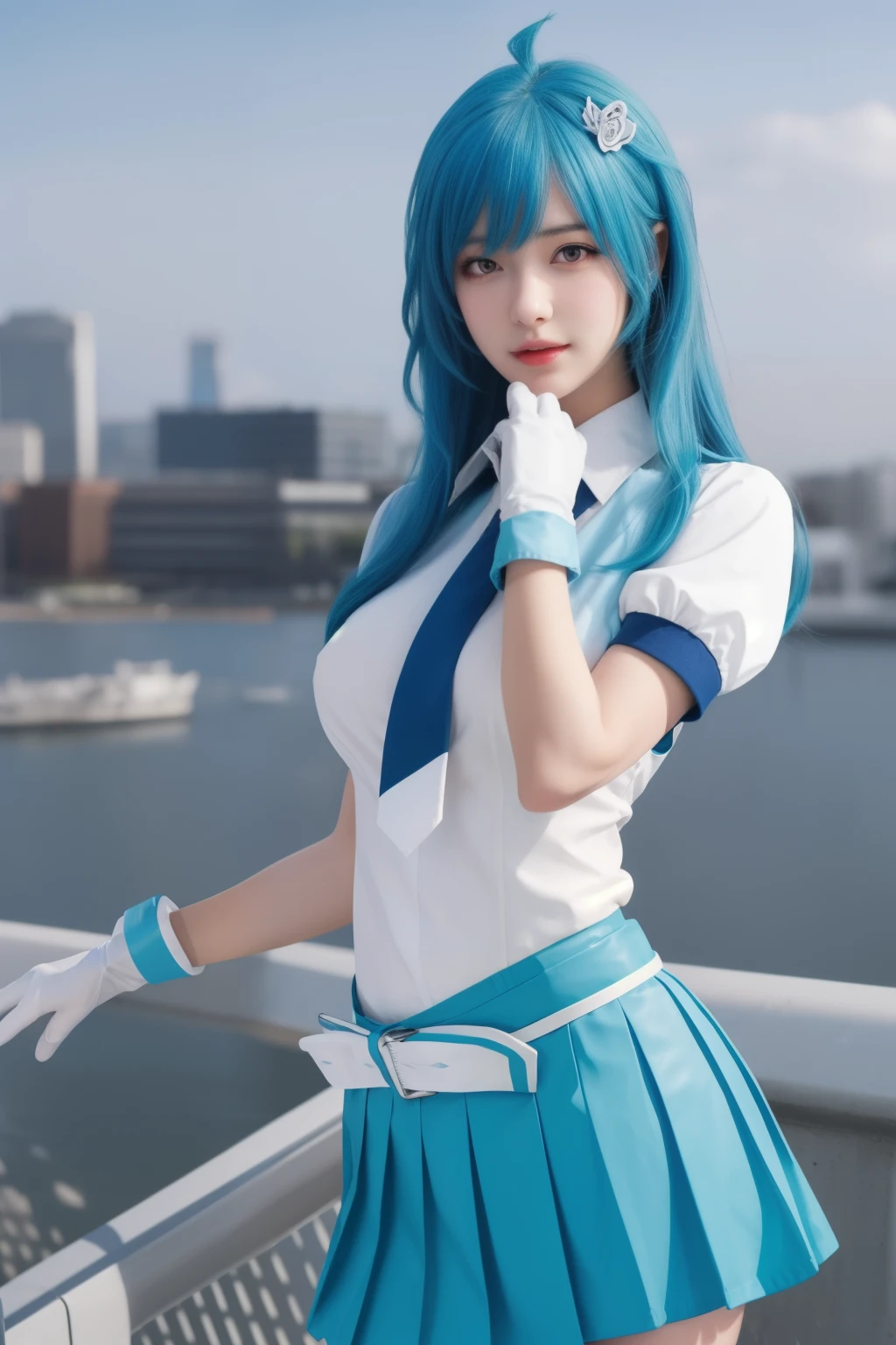 super detailed,very detailed,Best quality,masterpiece,illustration,realistic,photorealistic, 22 nannies, bile suit, 1 Girl, cosplay, One, blue hair, long hair, hair ornament, ahoge, hair ribbon, collared white shirt, puffy short sleeves, tie, white belt with aqua thin colored stripe, pleated skirt, gloves, I look at the viewer, standing, 1girl rests on the embankment fence, very very large breasts, realistic proportions, good anatomy, (realistic, hyperrealistic:1.4), good eyes, sexy, erotic