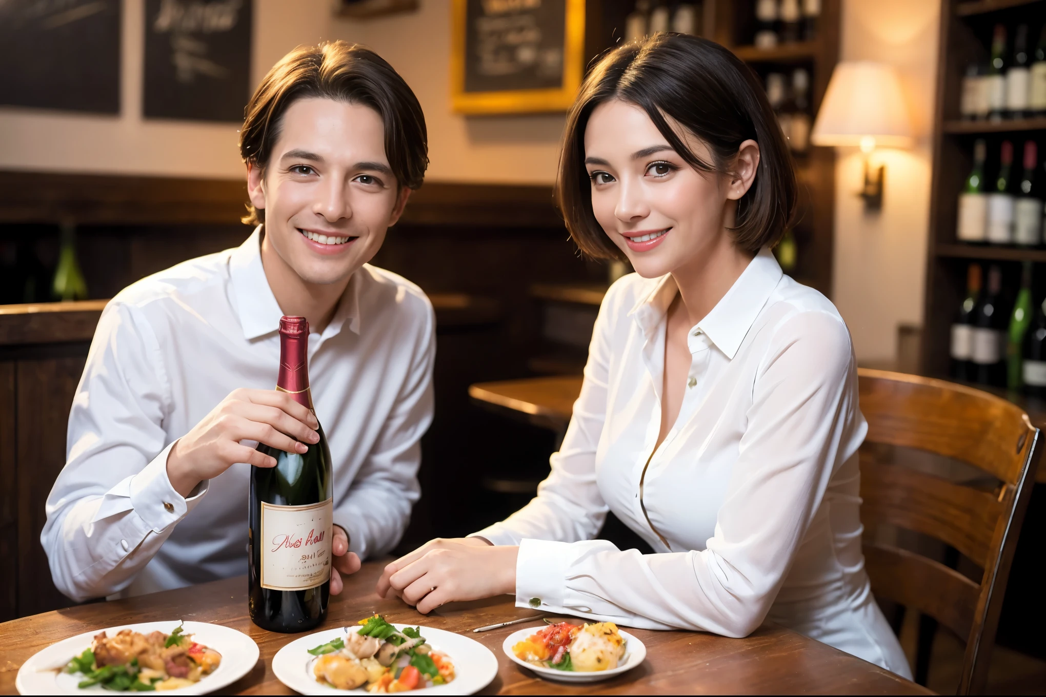 ((highest quality、8k、masterpiece:1.3))、1 male 1 female、Lovers、beautiful couple、Happy Smile、 (Slim face), (The body is スリム), (Brown Hair), (Shortcuts), ((Bob Hale、Straight hair:1.2)), テーブルの上のwine glass、Please put light on my face、 Amazing view of the sunset sky and clouds、Amazing mountain views、The wonderfulness of smiles、Bright image、Blushing, Shortcuts,Bright Face、 (Age 35), 39 years old, red wine 、Appetizers、Italian food、Wine bottle、Champagne、sparkling wine、Long sleeve shirt、dress、Attractive beauty、restaurant, Nova Frog Style, actress, model, Upper Body, White wine, red wine, wine glass,