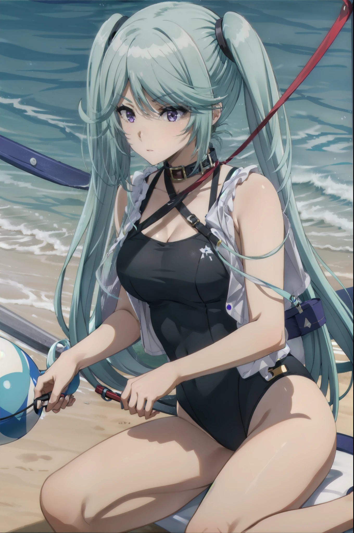 1girl, twintails, purple eyes, long hair, blue hair,school swimsuit,collar,leash