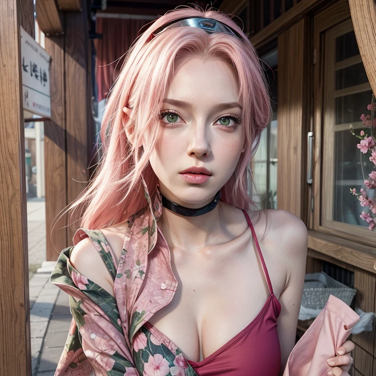 young woman, short shoulder-length pink hair, wide forehead, porcelain skin, pink eyebrows, big emerald green eyes, buttoned nose, full lips, heart-shaped face, slender body, small breasts, red tank top, Sakura Haruno , realistic, realism, details, 3d, well detailed
