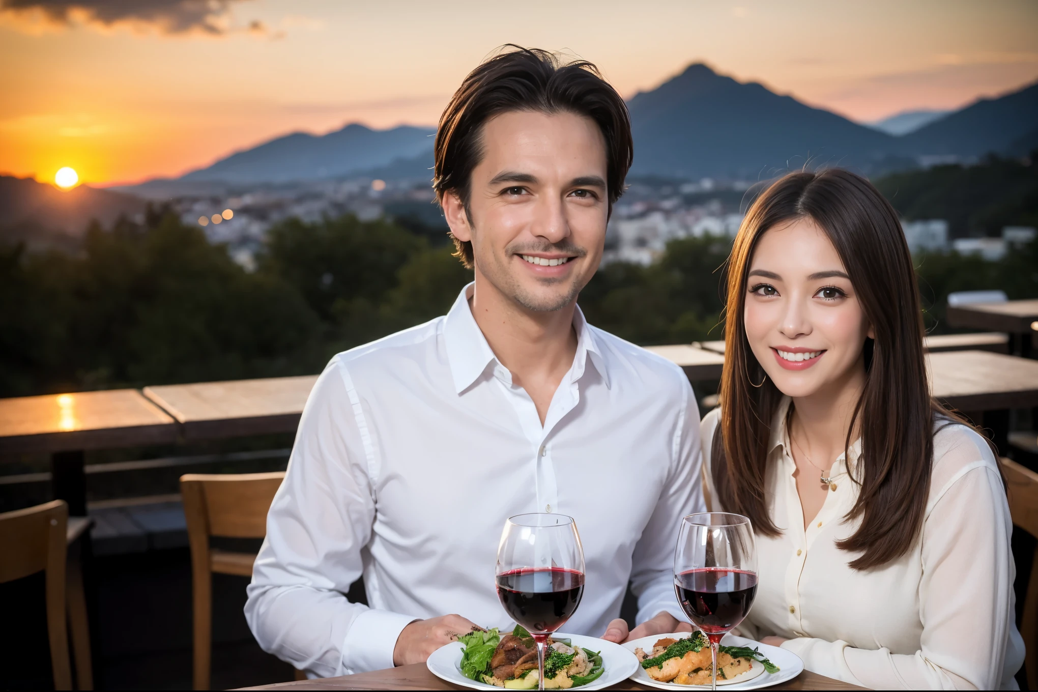((highest quality、8k、masterpiece:1.3))、1 male 1 female、Lovers、beautiful couple、Happy Smile、 (Slim face), (The body is スリム), (Brown Hair), (Shortcuts), ((Bob Hale、Straight hair:1.2)), テーブルの上のwine glass、Please put light on my face、 Amazing view of the sunset sky and clouds、Amazing mountain views、The wonderfulness of smiles、Bright image、Blushing, Shortcuts,Bright Face、 (Age 35), 39 years old, red wine 、Appetizers、Italian food、Wine bottle、Champagne、sparkling wine、Long sleeve shirt、dress、Attractive beauty、restaurant, Nova Frog Style, actress, model, Upper Body, White wine, red wine, wine glass,