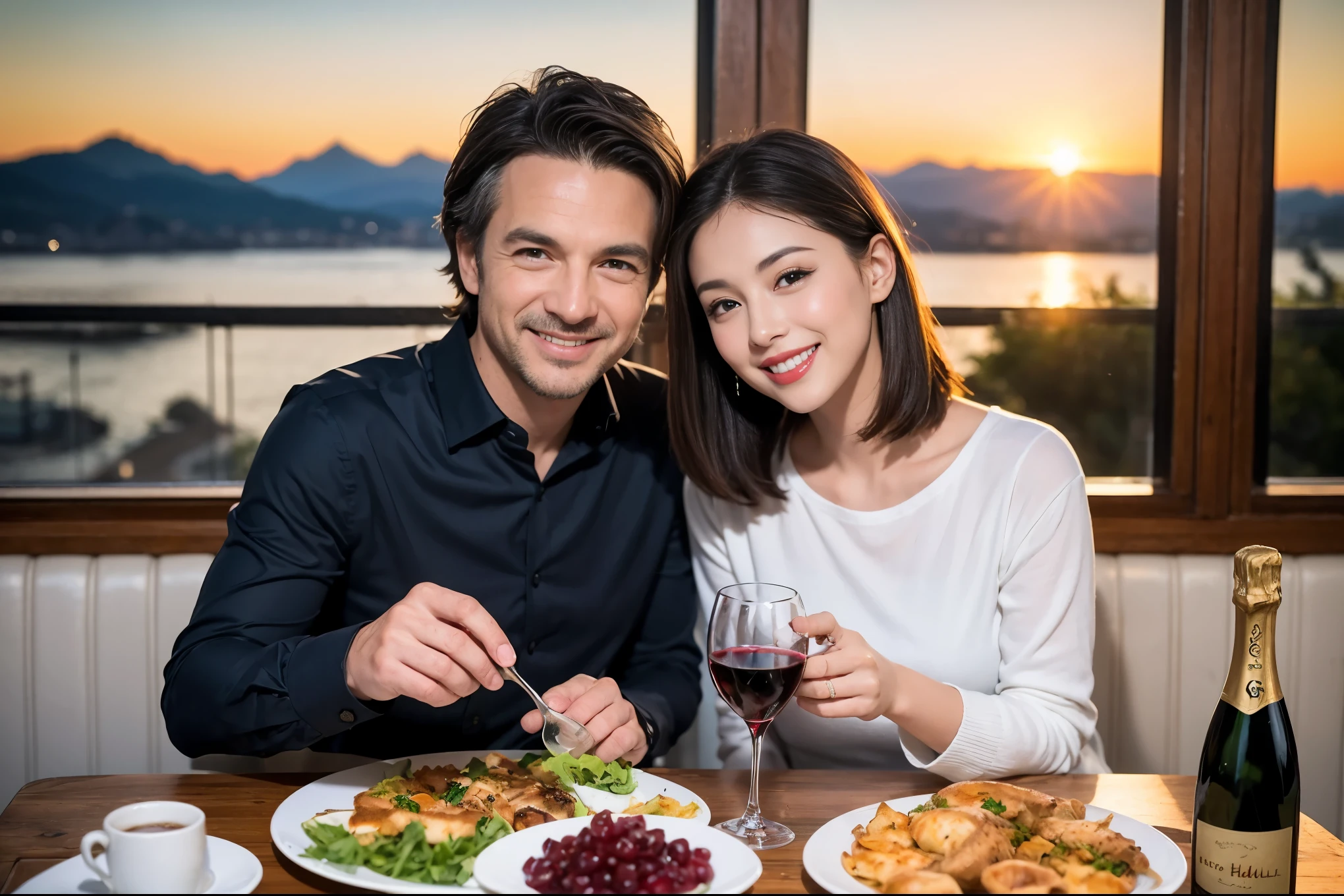 ((highest quality、8k、masterpiece:1.3))、1 male 1 female、Lovers、beautiful couple、Happy Smile、 (Slim face), (The body is スリム), (Brown Hair), (Shortcuts), ((Bob Hale、Straight hair:1.2)), テーブルの上のwine glass、Please put light on my face、 Amazing view of the sunset sky and clouds、Amazing mountain views、The wonderfulness of smiles、Bright image、Blushing, Shortcuts,Bright Face、 (Age 35), 39 years old, red wine 、Appetizers、Italian food、Wine bottle、Champagne、sparkling wine、Long sleeve shirt、dress、Attractive beauty、restaurant, Nova Frog Style, actress, model, Upper Body, White wine, red wine, wine glass, 