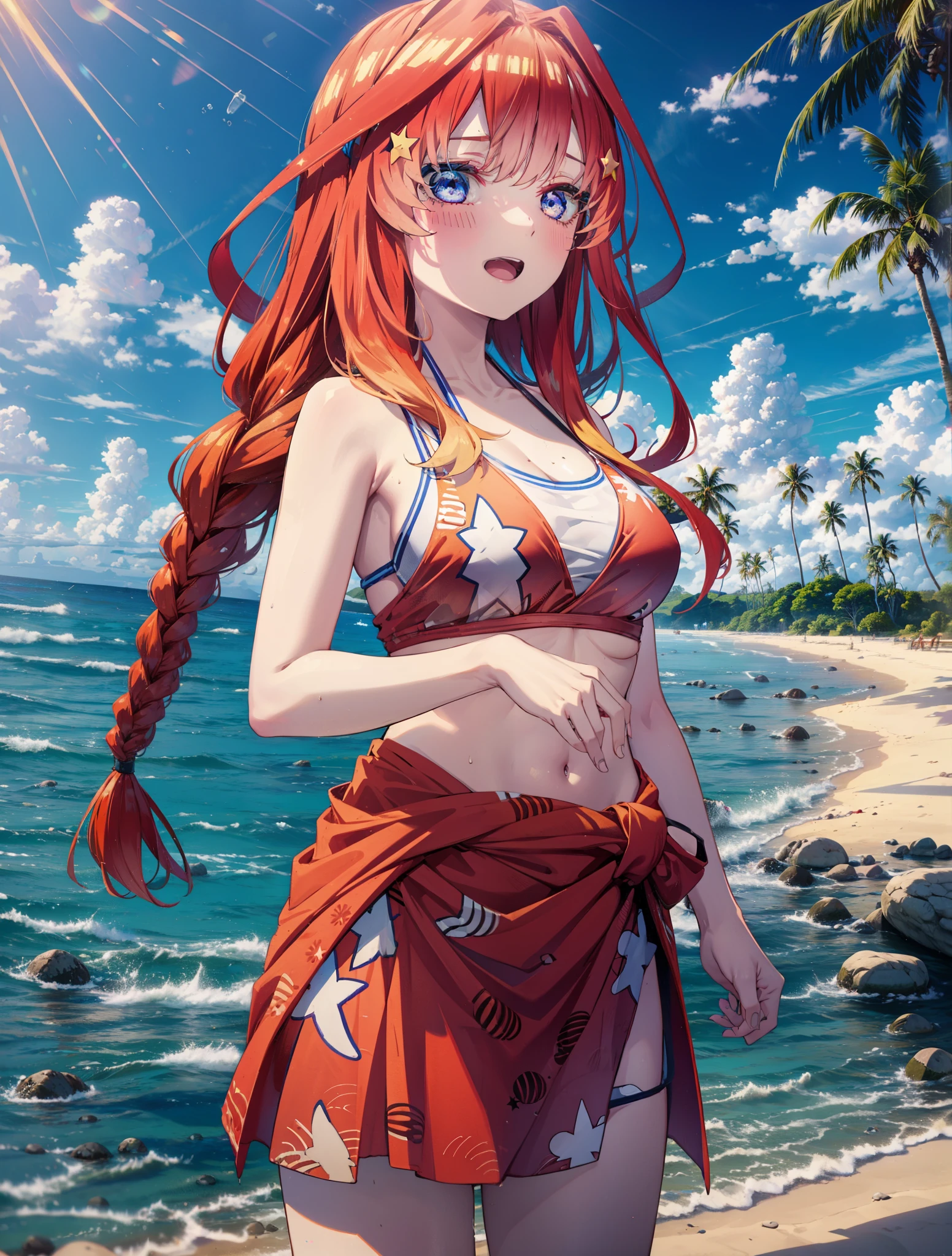 itsukinakano, Itsuki Nakano, bangs, blue eyes, Hair between the eyes, Ahoge, Redhead, star \(symbol\), hair ornaments, star hair ornaments,Big Breasts,Long braids,happy smile, smile, Open your mouth,Belly button,Red Bikini Swimsuit,Bare Belly,A light red blanket is wrapped around his waist., barefoot,(Beach salon),  Big Breasts,((salon)), Beach outfit,Real Summer,Palm tree,So that the whole body goes into the illustration,
break outdoors, Beach,
break looking at viewer, (Cowboy Shot:1.5),
break (masterpiece:1.2), highest quality, High resolution, unity 8k wallpaper, (shape:0.8), (Beautiful and beautiful eyes:1.6), Highly detailed face, Perfect lighting, Highly detailed CG, (Perfect hands, Perfect Anatomy),