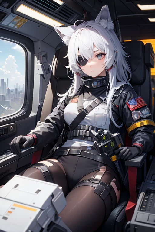 Mission Bearer,Wolf,Riding a mobile weapon、Inside the cockpit of a mobile weapon,battlefield,fierce battleground,black pilot suit,veteran soldier,Eye patch,Wolfが描かれた腕章,realistic,{{masterpiece}},{perfection},{perfectionな顔},{{high quality}},{{Super detailed}},SF,