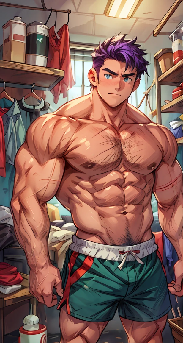 Hands down,Bare chest muscles,Upper body,(masterpiece,The best quality,H),1 person,Naked Man,很shy,My face turns red,shy,muscular,Eyes look at the audience,Nude,(Nude),Blue eyes,No shirt,Upper body,short blue-purple hair,Youthful feeling,young,(Fluorescent lamp),(One color),(蓝色background),Green Striped Shorts,Thick arms,Broad shoulders,Strong without being bulky,tall and big,Extremely tall,The room looks small to him.,Hairy body,Very big body,Covered with muscles,Very strong,strongman,huge,maximum,Open your arms to your sides,Facial Cleansing,Clean face,Chest muscle expansion,background:A hanger full of clothes