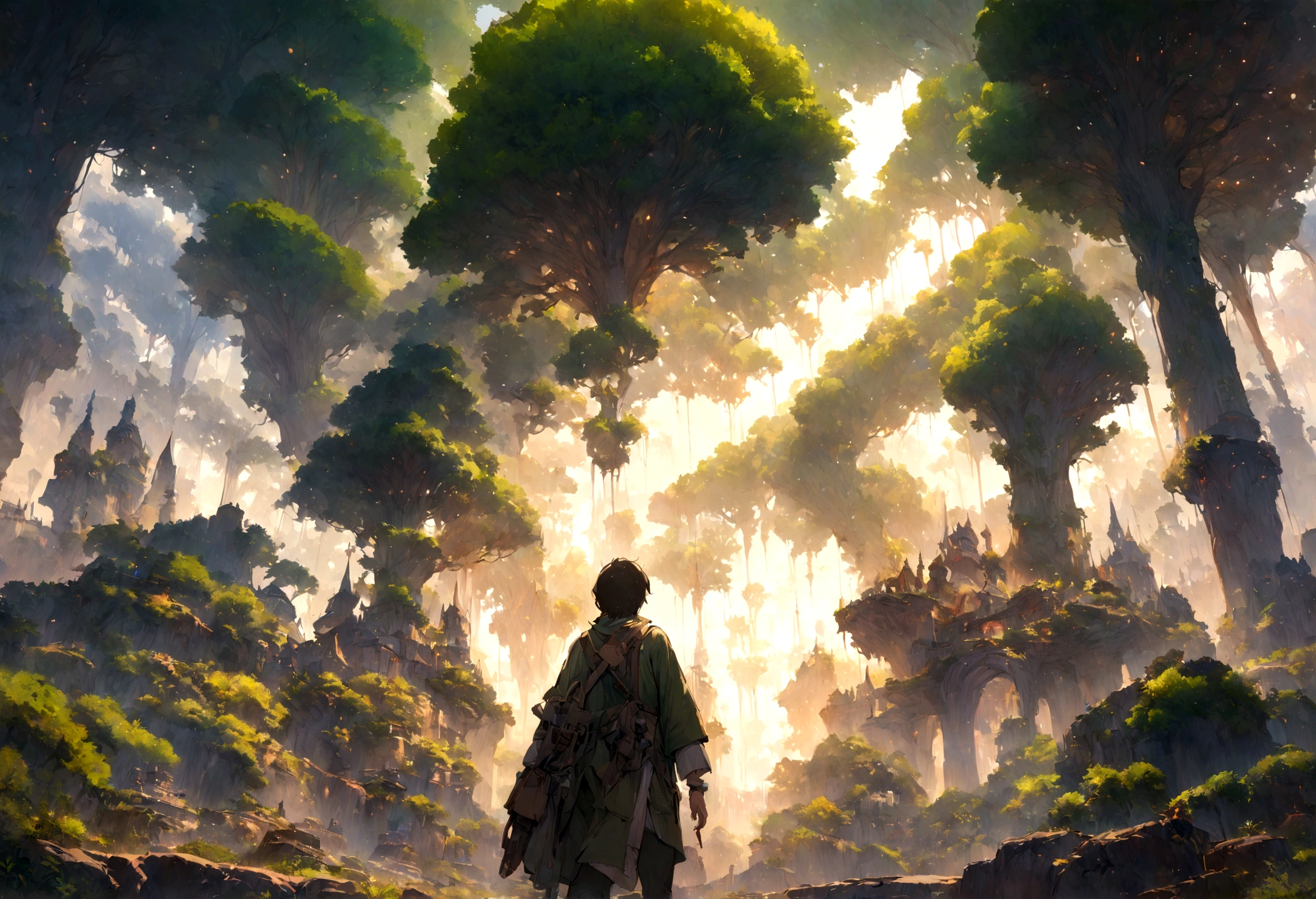 (masterpiece, highest quality), Intricate details, 8k, Art Station, wallpaper, male, look up, The dazzling green of the roadside trees, Sunny cityscape, Slightly orange, Makoto Shinkai movie style