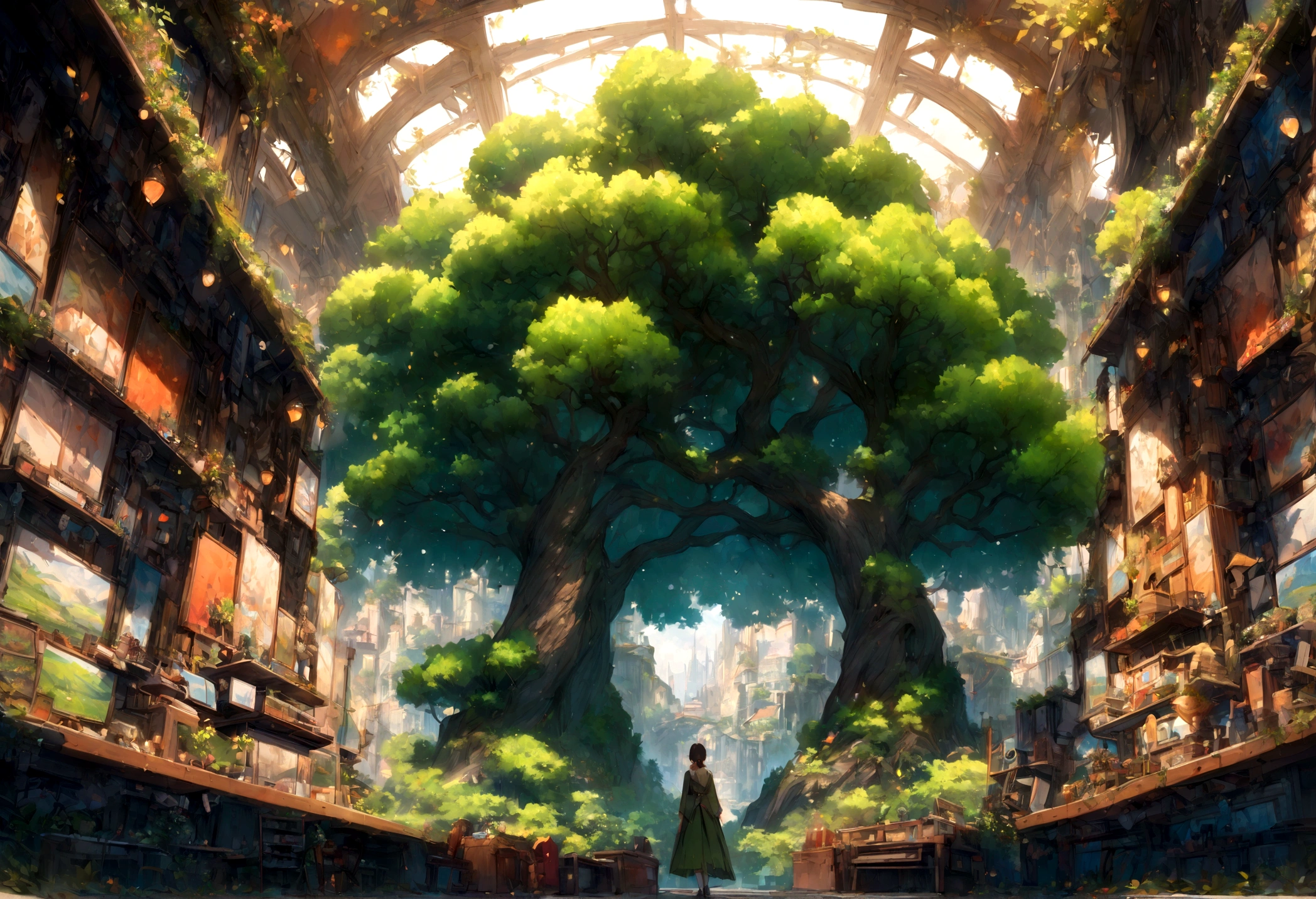 (masterpiece, highest quality), Intricate details, 8k, Art Station, wallpaper, male, look up, The dazzling green of the roadside trees, Sunny cityscape, Slightly orange, Makoto Shinkai movie style
