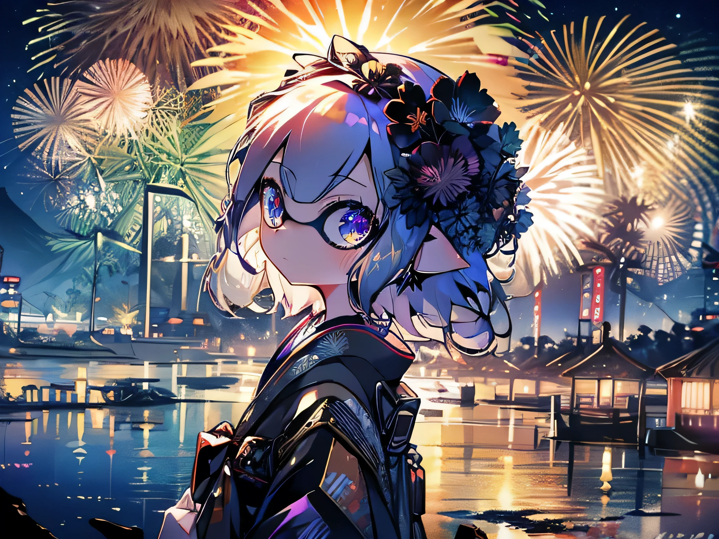 Large pupils,Sparkling Eyes,yukata,kimono,kimono,masterpiece, highest quality, figure, Very high quality, high resolution, 9k Very delicate writing,neonhighlight,Eye highlight mechanical,Green neonhighlight,clear,highlight,Backlight,Strong light,Transparency,Night Fireworks,Fireworks display,Gradient Color,neon,dark,night,splatoon,Inkling,woman,Long Hair,Shiny hair,Fireworks Reflection,Looking up at the fireworks,Fireworks filling the sky,Colorful fireworks,Glowing fireworks,Shining night sky,profile,Side view of face,In front of the river