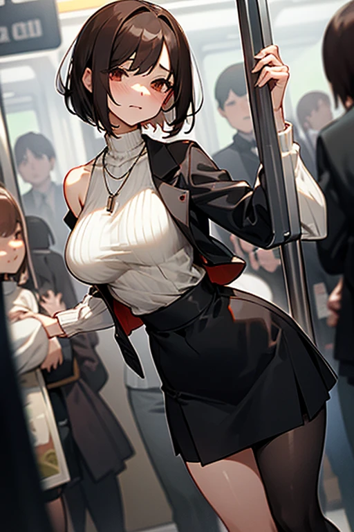 Brown short bob、Sleeveless white sweater、wearing a black jacket、Flared sleeves、Tight Skirt、Black Stockings、necklace、crowded train、Disheveled clothes、Your cheeks are red、Large Breasts、Curved waist、slender、Beautiful clavicle