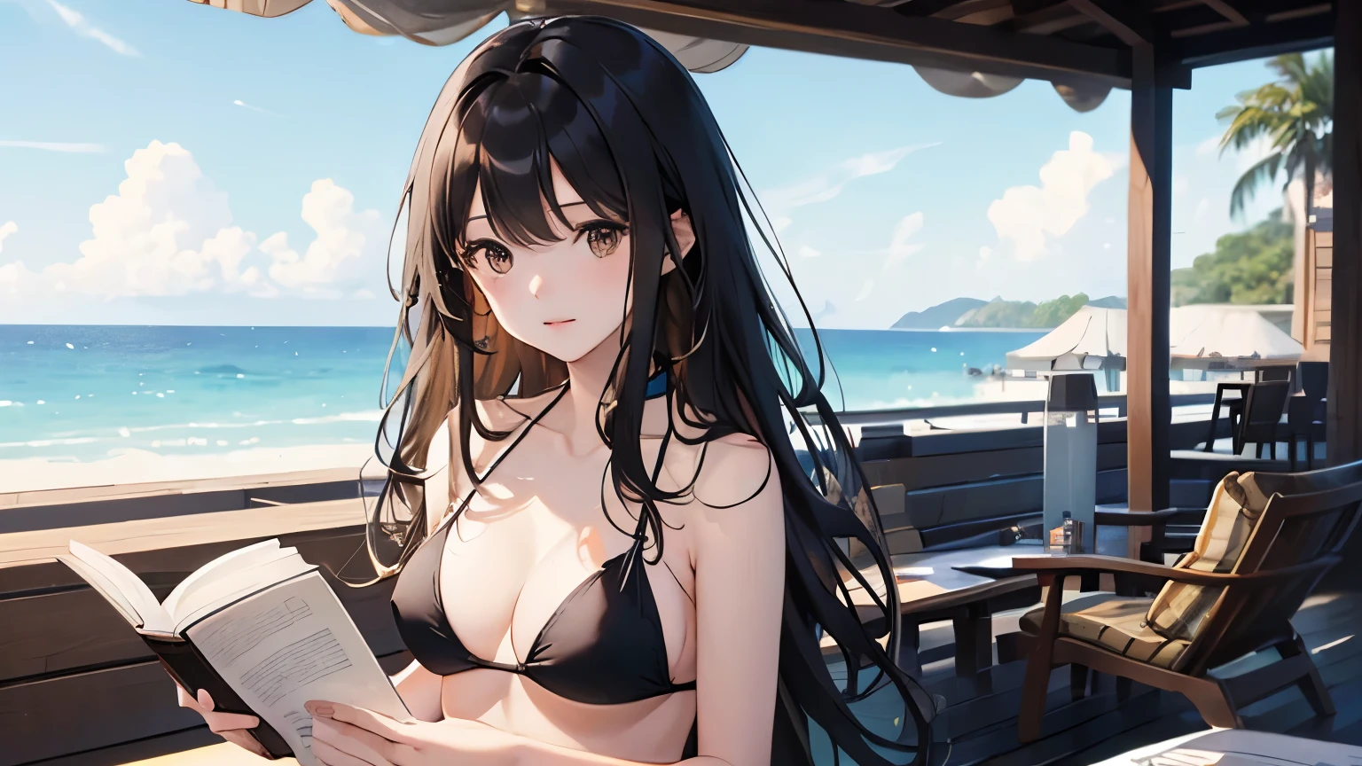 girl1people,highest quality, High resolution,thin、(delicate:1.4)、Brown eyes、expensive、7 Class-large、Black Hair、Long Hair,Straight hair、Straight hair、Ocean、(Black Bikini:1.4),Gal、cute、Shyness,Reading a book,Big Breasts,On the roof