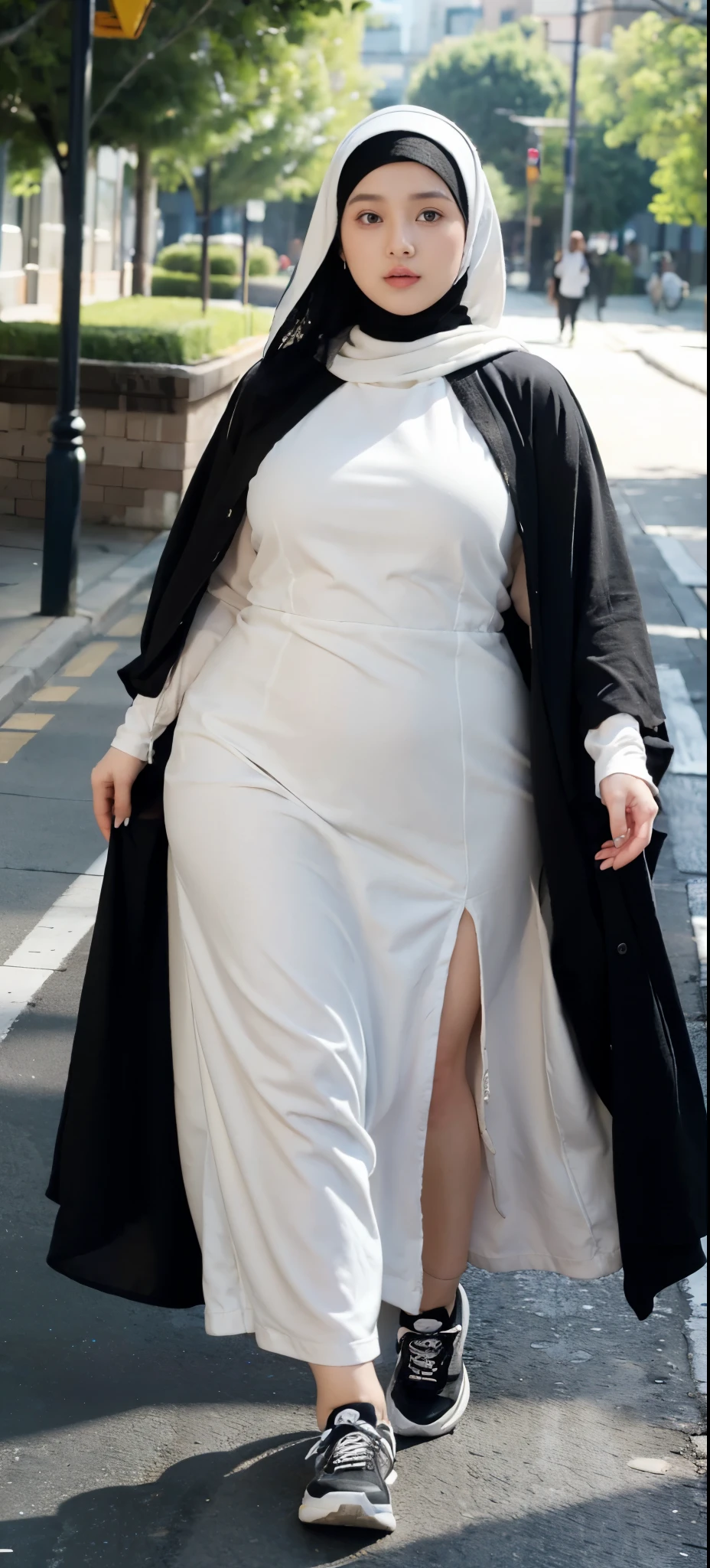 Milky white skin woman in black dress and hijab walking down the street, ,  hijab outfit, ,  hijab fashion model, plus size, plus size woman, ,  woman in black robes, beautiful woman, thicc, black outfit,, bbwchan , white sneakers , Height 170 cm, beautiful woman, with a beautiful appearance, a very beautiful masterpiece, a masterpiece of art, good lighting, Bright colors, Clean lines