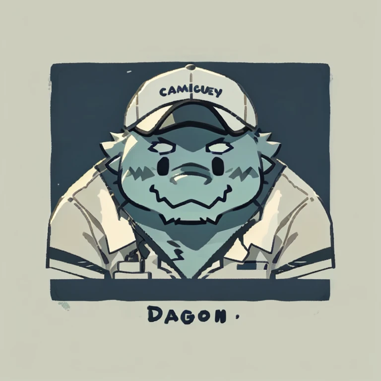 dagon face,Cute face,Humanity(dagon), (White short sleeve:1.3), (with cap), (janitor), (round face), Chubby,(white eyebrows:1.1),（Upper body naked:1.2）,(perfect black eyes),Simple background, Blue Background,print style。（Artist:Takemoto Arashi
