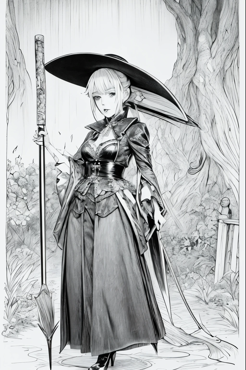 A painting of a costumed woman holding a hat and a walking stick, Manga drawn by Junpei Sato, Pixiv, Gothic art, pencil and Ink Manga, Beautiful line art, Pencil and ink cartoon, Shirow Masamuneスタイル, Shirow Masamune, Ink Manga, Very detailed fan art, Complex manga drawing
