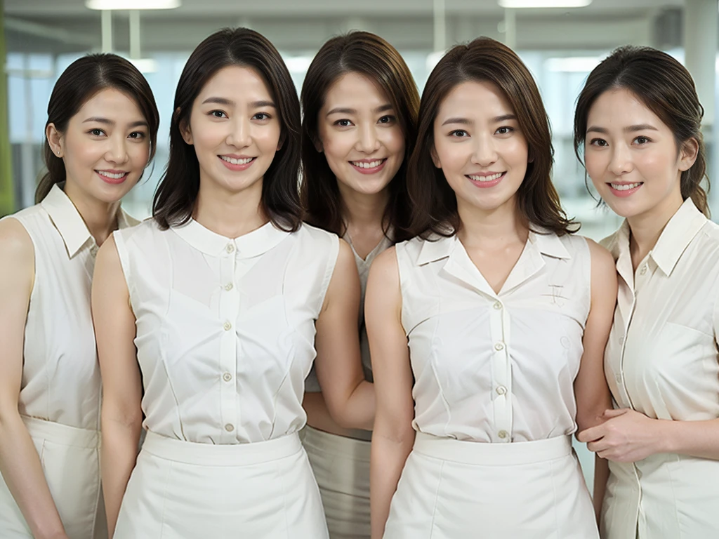 masterpiece, Better Quality, High resolution, ((Photorealistic:1.4, Raw photo, 超High resolution,Best image quality: 1.4)), ((Do not split)),((Upper body 1.5)), Beautiful fine details, Natural color lip, ((Woman in her late 40s)), ((Big smile:1.5)), ((Random cute hairstyles)), ((Big Breasts:1.5)), ((White see-through business shirt:1.6)), ((Peeking from below)), ((Bedroom)), ((Random and cute expressions)),, ((Three Girls, Three people standing side by side:1.5)) Highly detailed and professional lighting, ((Random and cute expressions:1.5)), ((Showing off your armpits:1.5)), ((I can see your thighs:1.5)),((Grey short tight skirt))