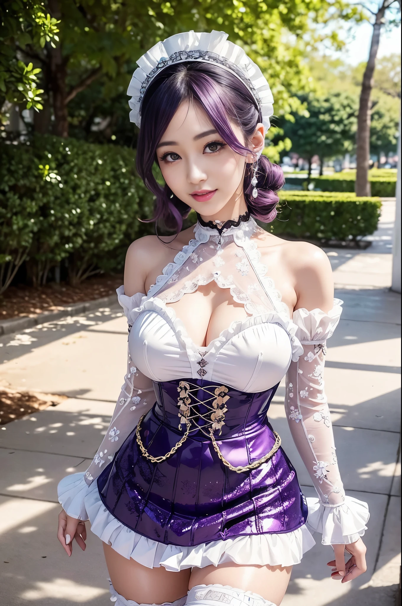 nsfw, sexy stylish Japanese model, only 1 female, ((doll-like appearance)), short lilac stylish hair, ((shiny Victorian-Style boots)), (big smile), ultra detailed eyes, vivid eye makeup, lipgloss, long lashes, defined eyebrows, ((sexy Paradise Kiss cosplay)), bell-shaped skirt, petticoats, high neckline, puffed sleeves, ((ultra detailed lace)), ((ultra detailed embroidery)), intricate details, Paradise Kiss accessoires and matching headpiece, choker, ((large sparkling Paradise Kiss jewelry)), cinematic light, detailed large park background with trees