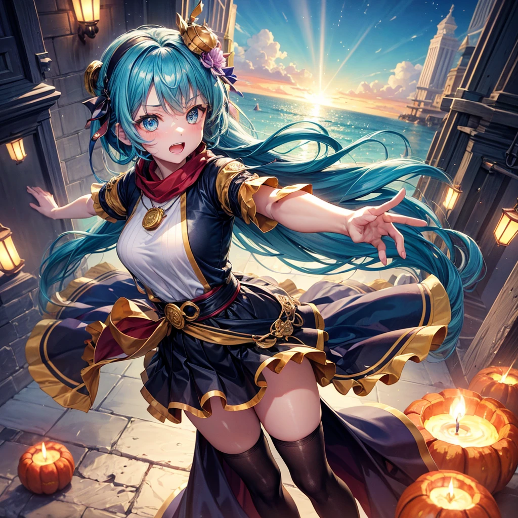 Aqua blue hair、Golden Eyes、Braid、One good looking girl、solo、anime、Checkered mini skirt、Ruffles on the skirt、Red T-shirt、Cape、Gothic、Black knee-high socks、bandana、Fluffy clothes、Wearing a ribbon、Ribbon on waist、Tilting face、Teeth are visible、Sunset sky、Piercing the clouds、Contrail、lotus leaves、Cumulonimbus、Pillar of Light、candle fire、Silver coin necklace、A world of light、Spreading his arms for balance、Pumpkin hat、shine、From above