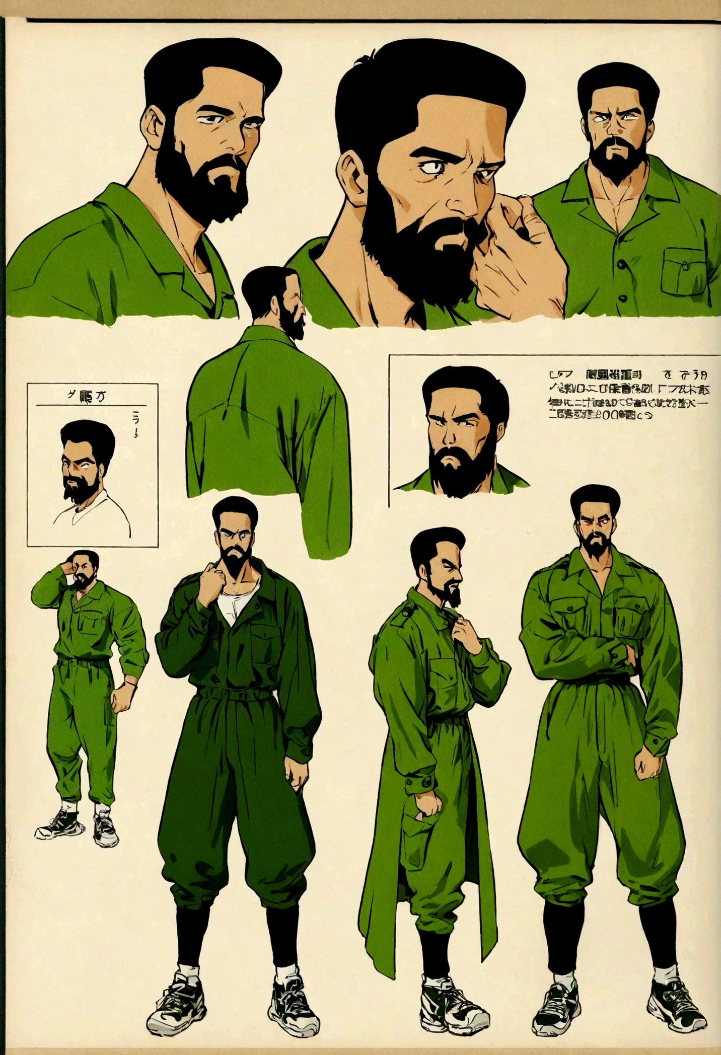 buff white man with black beard wearing white tank top, black and green military pajama, black hair, 6"0 tall, oversize, retro art, character design sheet, sneakers, different pose, different angles