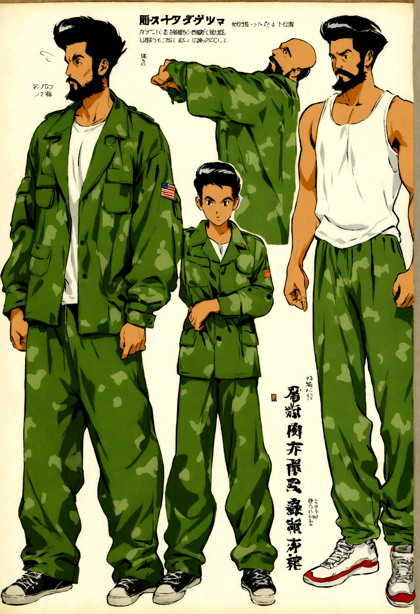 buff white man with black beard wearing white tank top, black and green military pajama, black hair, 6"0 tall, oversize, retro art, character design sheet, sneakers, different pose, different angles