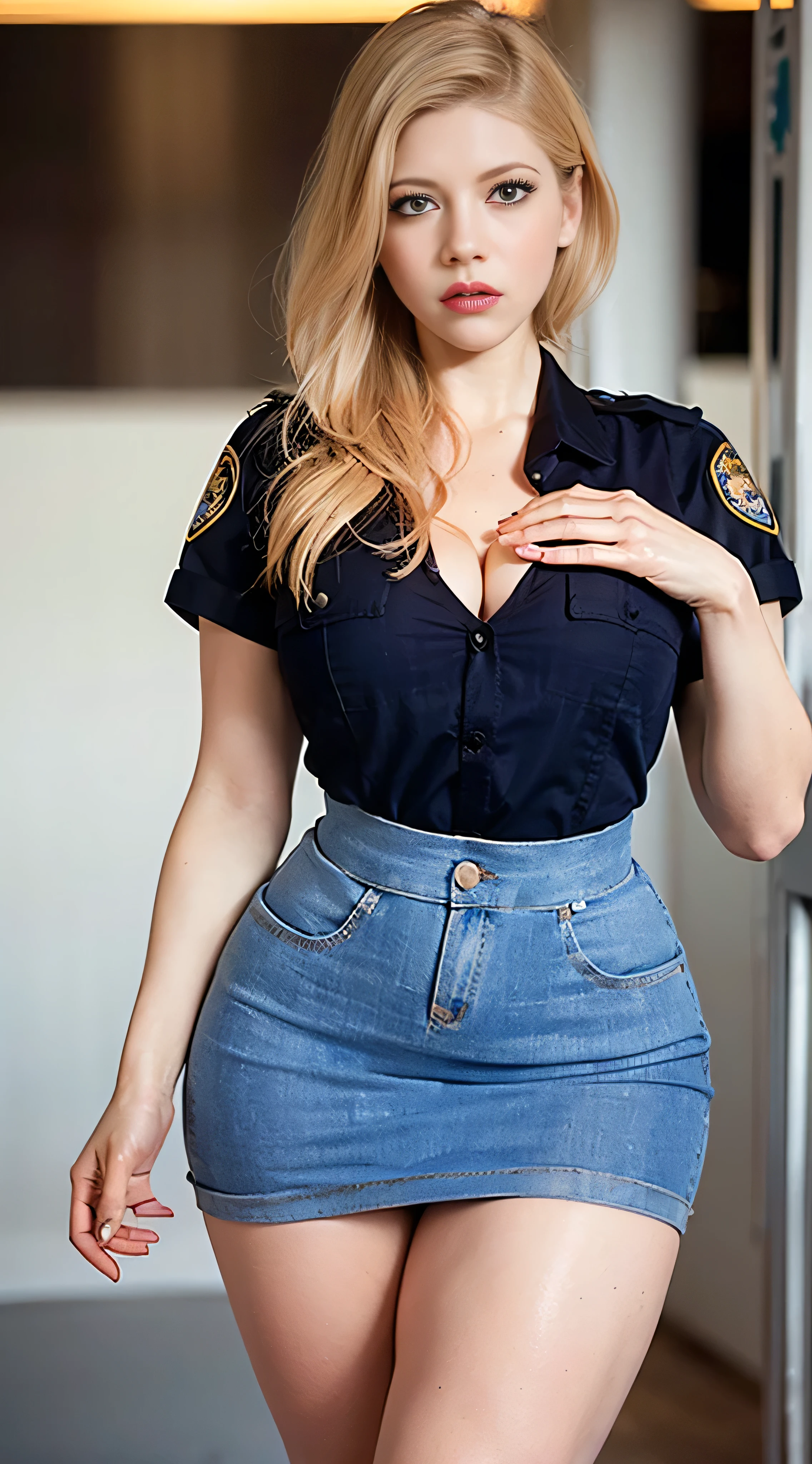 (Best quality, masterpiece: 1.1), (fidelity: 1.4), 1 girl, ((katheryn winnick/ lifting a sexy skirt), (in an intimate Police uniform, detallado: 1.3), (bragas: 1.3), (very detallado face: 1.4), (Biblioteca: 1.2), (8K, HD, DSLR, Alta calidad, cinematic lighting, bokeh))), upper body, very long hair, study, very young girl, , ((Shirt)), ((very small breasts)), extremely beautiful woman, ((ultra detailed and toned legs)), ((very wide hips)), ((very thick and toned thighs)), (sexy), ((extreme hourglass figure)), ((very thick heart lips)), ((very small and thick lips)), ((red lipstick)), ((blue eyes)), ((angry look)), (blush), (makeup), Skirt, school shoes