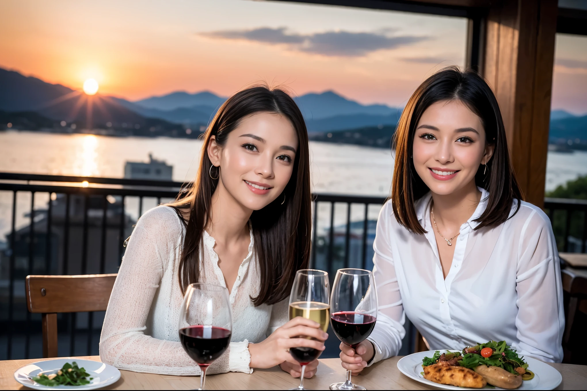 ((highest quality、8k、masterpiece:1.3))、1 male 1 female、Lovers、beautiful couple、Happy Smile、 (Slim face), (The body is スリム), (Brown Hair), (Shortcuts), ((Bob Hale、Straight hair:1.2)), テーブルの上のwine glass、Please put light on my face、 Amazing view of the sunset sky and clouds、Amazing mountain views、The wonderfulness of smiles、Bright image、Blushing, Shortcuts,Bright Face、 (42 years old), 39 years old, red wine 、Appetizers、Italian food、Wine bottle、Champagne、sparkling wine、Long sleeve shirt、dress、Attractive beauty、restaurant, Nova Frog Style, actress, model, Upper Body, White wine, red wine, wine glass,