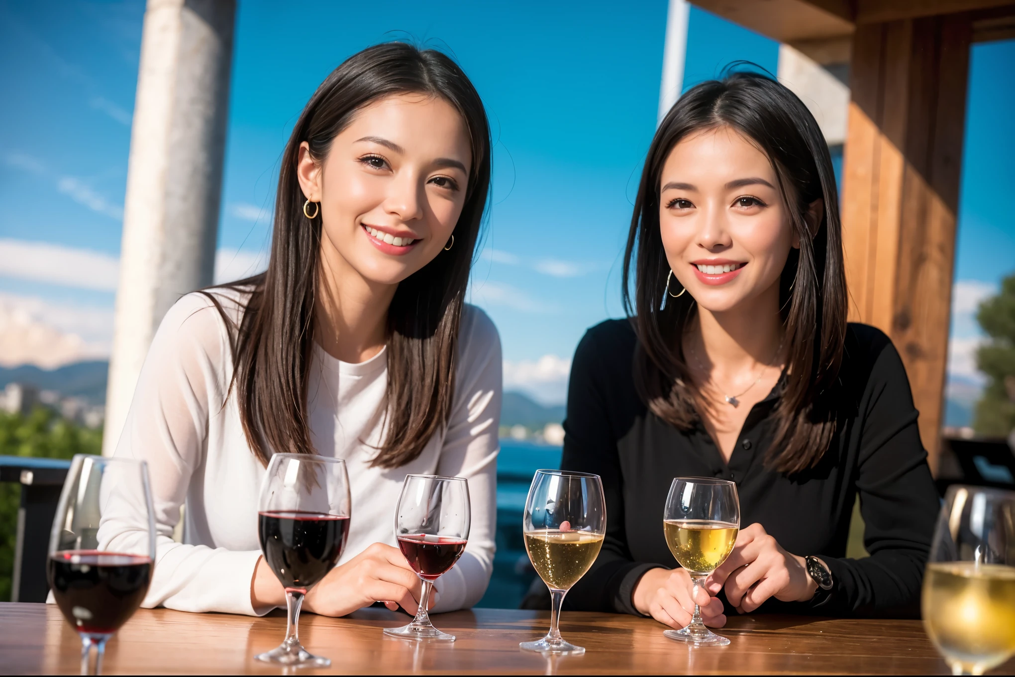 ((highest quality、8k、masterpiece:1.3))、1 male 1 female、Lovers、beautiful couple、Happy Smile、 (Slim face), (The body is スリム), (Brown Hair), (Shortcuts), ((Bob Hale、Straight hair:1.2)), テーブルの上のwine glass、Please put light on my face、 Amazing view of the sunset sky and clouds、Amazing mountain views、The wonderfulness of smiles、Bright image、Blushing, Shortcuts,Bright Face、 (42 years old), 39 years old, red wine 、Appetizers、Italian food、Wine bottle、Champagne、sparkling wine、Long sleeve shirt、dress、Attractive beauty、restaurant, Nova Frog Style, actress, model, Upper Body, White wine, red wine, wine glass,