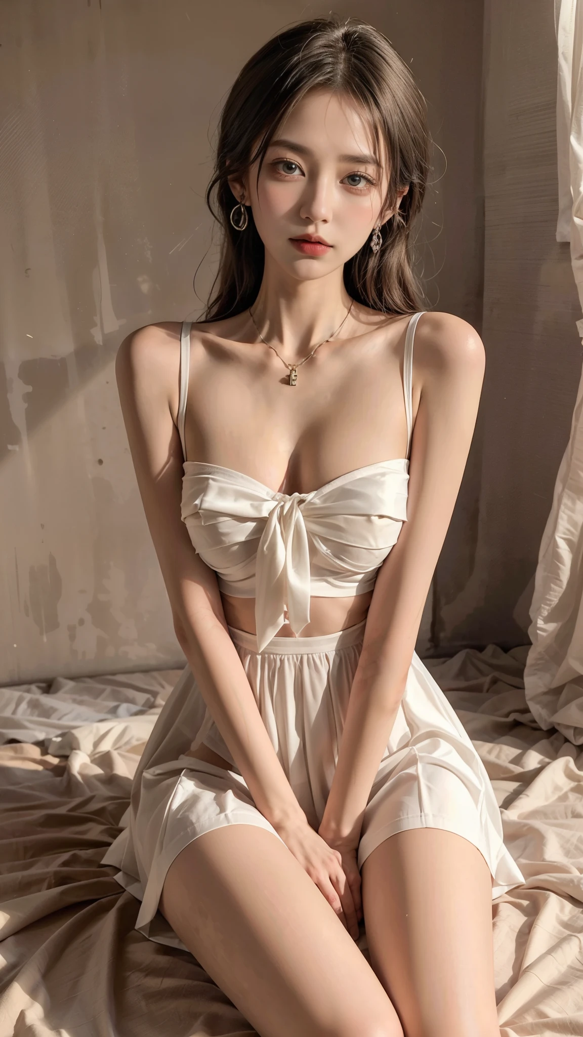 ((whole body)), ((Sitting)), ((The skirt is short, Sexy long legs)), ((Bare shoulders)),Asian female model, Young beautiful girl, Random scenes, Striking an elegant pose, Charming pose, Heat and cold, Blonde Hair, curls, Messy long hair, Beautiful and delicate eyes, Full breasts, slim body, Warm Lights, Warm colors, masterpiece, Best quality, Official Art, Rich details, Clear face, Professional lighting, Physically Based Rendering, earrings, necklace, Light makeup, Pure Desire, Sexy, Correct limbs, Anatomically correct