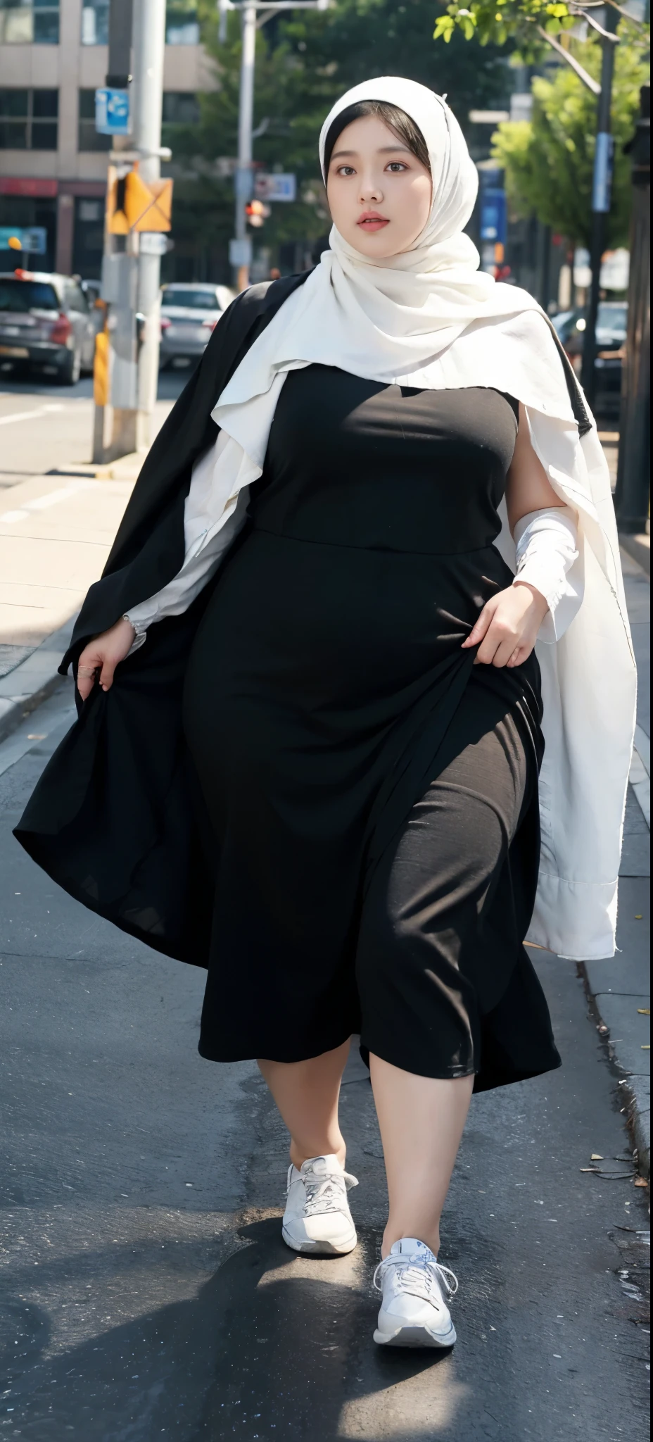 Milky white skin woman in black dress and hijab walking down the street, ,  hijab outfit, ,  hijab fashion model, plus size, plus size woman, ,  woman in black robes, beautiful woman, thicc, black outfit,, bbwchan , white sneakers , Height 170 cm, beautiful woman, with a beautiful appearance, a very beautiful masterpiece, a masterpiece of art, good lighting, Bright colors, Clean lines