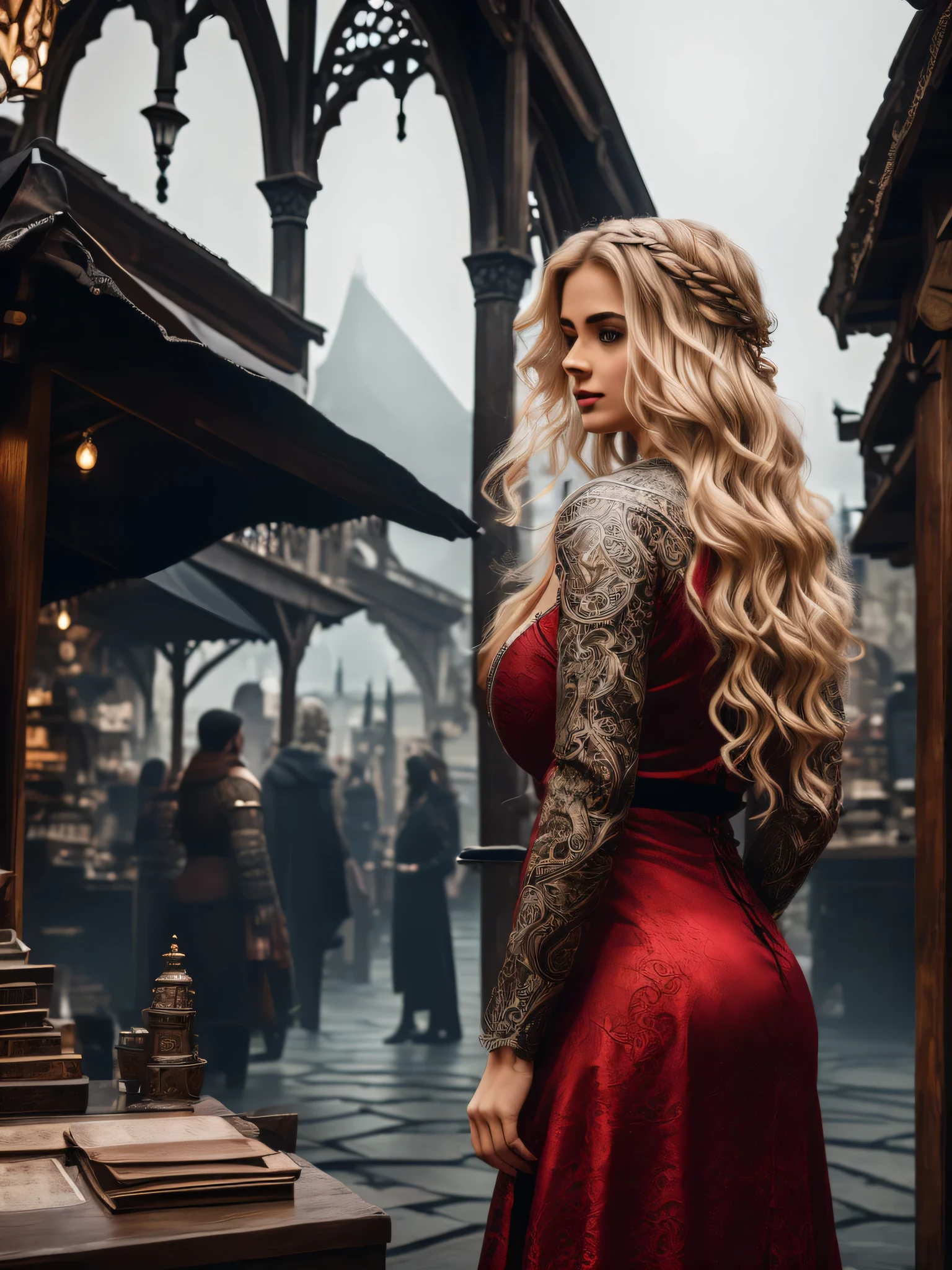 (back view), beautiful girl, 26 years old, (blonde), big breast, gothic red closed dress, (talking with merchant at the medieval market), (fog), (detailed background:1.5), (intricate environment details), (hyperdetailed), (detailed skin and hair texture)+++, (ultra realism), (8K UHD), (ultra quality), (dslr)