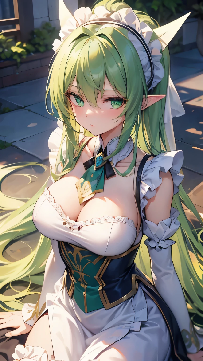 green hair, very long hair, floating hair, big hair, eyeball, green eyes, high detailed eyes, long pointy ears, anime, by Alfons Mucha, blending, masterpiece, accurate, textured skin, best quality, highres, super detail, 8k,elf, mature lady, maid, Maid outfit, frilly apron, Rose Garden