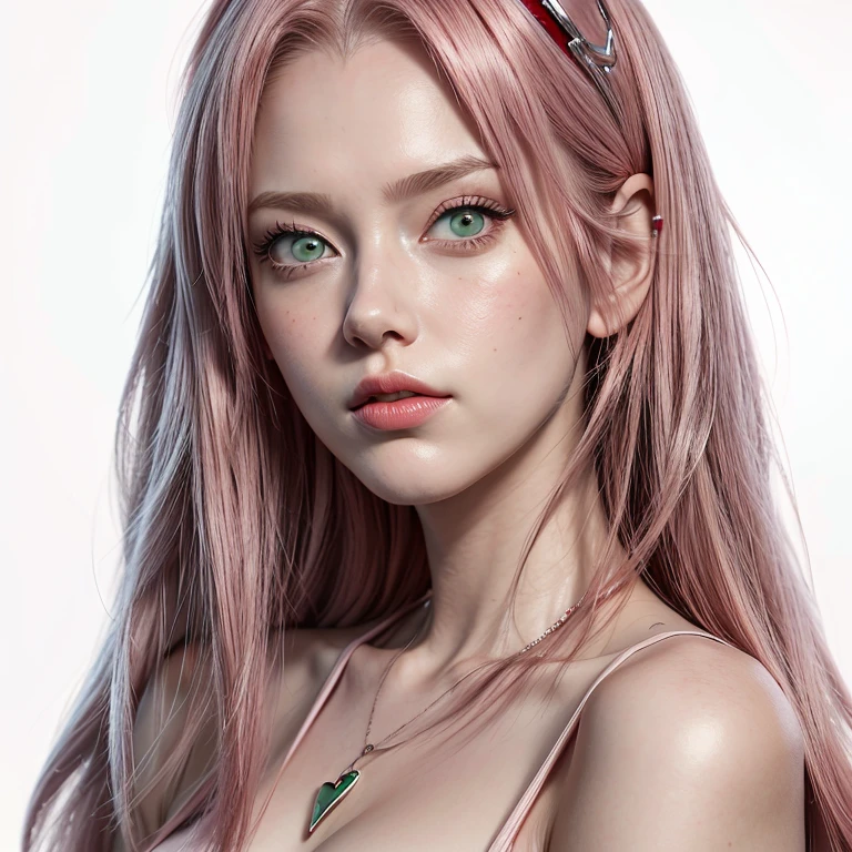 young woman, short shoulder-length pink hair, wide forehead, porcelain skin, pink eyebrows, big emerald green eyes, buttoned nose, full lips, heart-shaped face, slender body, small breasts, red tank top, Sakura Haruno , realistic, realism, details, 3d, well detailed
