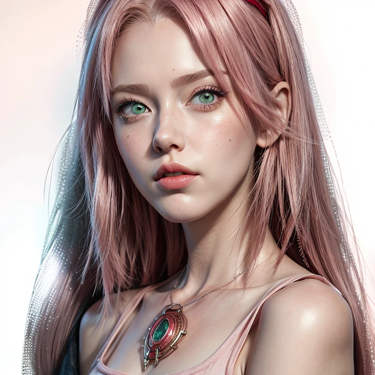 young woman, short shoulder-length pink hair, wide forehead, porcelain skin, pink eyebrows, big emerald green eyes, buttoned nose, full lips, heart-shaped face, slender body, small breasts, red tank top, Sakura Haruno , realistic, realism, details, 3d, well detailed