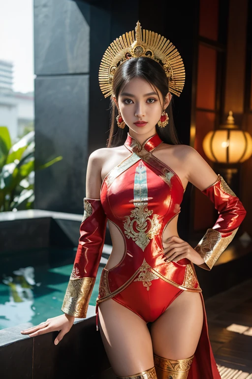 An Indonesian-styled futuristic suit worn by a girl depicting cultural fusion and modern fashion. The suit is adorned with intricate patterns and vibrant colors, showcasing the rich heritage of Indonesia. The girl stands confidently in a dynamic pose, with her detailed eyes reflecting determination and curiosity. The suit's material is a combination of traditional textiles and futuristic synthetic fabrics, giving it a unique and avant-garde appearance. The overall image quality is of the highest standard, with sharp focus and ultra-detailed rendering. The artwork employs physically-based rendering techniques, resulting in realistic lighting and shadows. The colors are vivid and vibrant, capturing the essence of Indonesian cultural aesthetics. The background features a fusion of modern architecture and traditional elements, creating a harmonious blend of the past and the future. The prompt explores the intersection of Indonesian culture, futuristic design, and the artistic representation of a confident girl.
Camel toe,