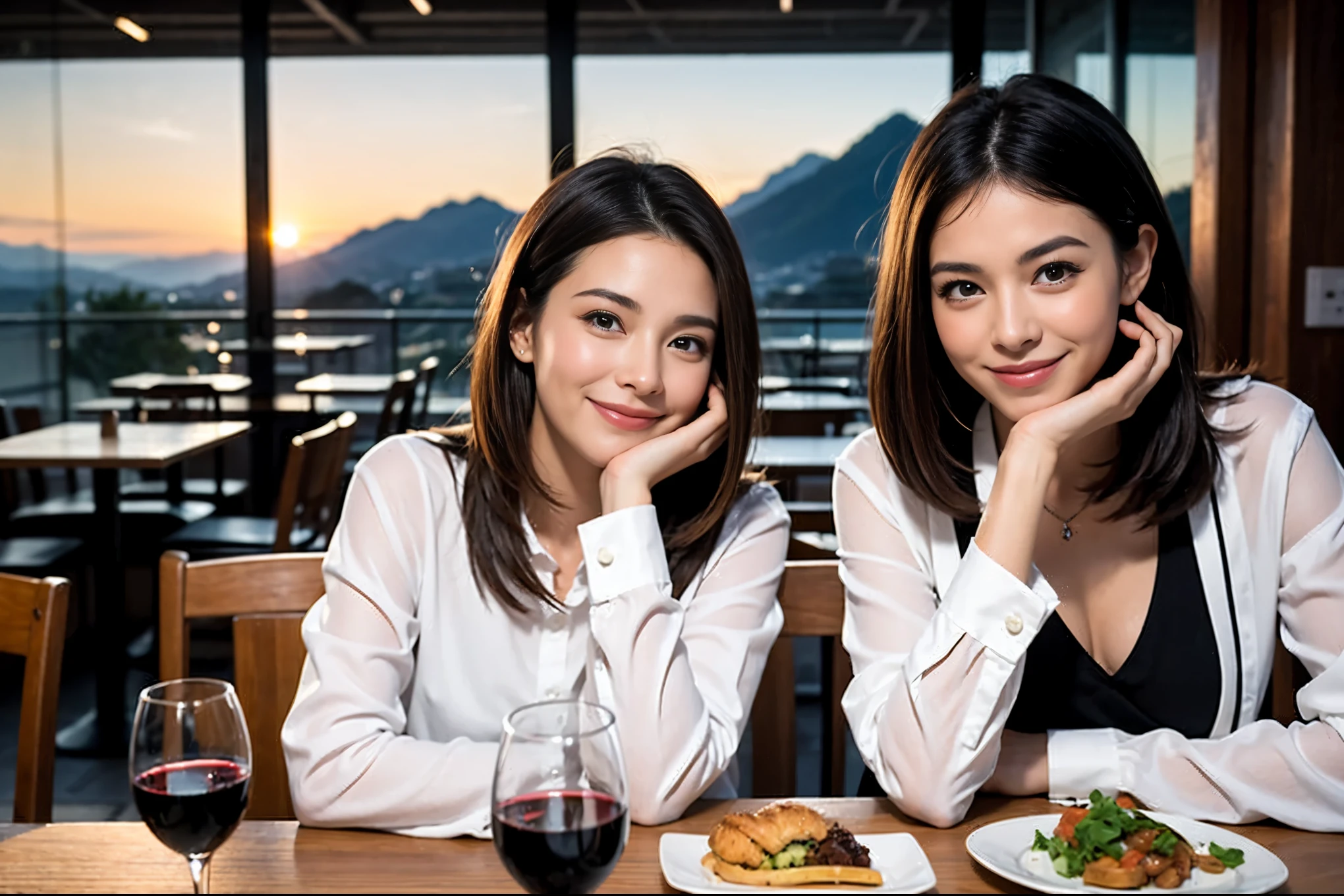 ((highest quality、8k、masterpiece:1.3))、1 male 1 female、Lovers、beautiful couple、Happy Smile、 (Slim face), (The body is スリム), (Brown Hair), (Shortcuts), ((Bob Hale、Straight hair:1.2)), テーブルの上のwine glass、Please put light on my face、 Amazing view of the sunset sky and clouds、Amazing mountain views、The wonderfulness of smiles、Bright image、Blushing, Shortcuts,Bright Face、 (42 years old), 39 years old, red wine 、Appetizers、Italian food、Wine bottle、Champagne、sparkling wine、Long sleeve shirt、dress、Attractive beauty、restaurant, Nova Frog Style, actress, model, Upper Body, White wine, red wine, wine glass,