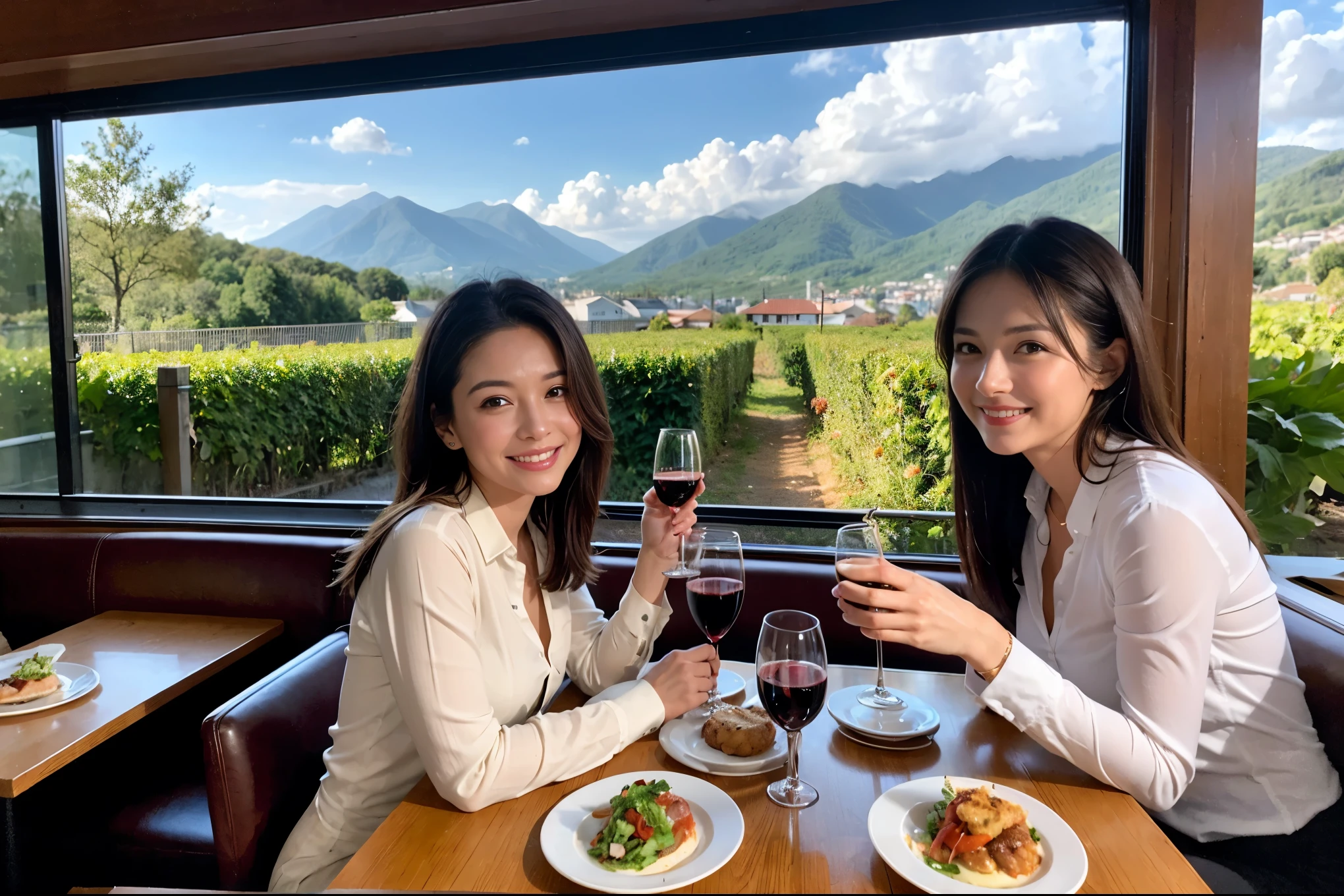 ((highest quality、8k、masterpiece:1.3))、1 male 1 female、Lovers、beautiful couple、Happy Smile、 (Slim face), (The body is スリム), (Brown Hair), (Shortcuts), ((Bob Hale、Straight hair:1.2)), テーブルの上のwine glass、Please put light on my face、 Amazing view of the sunset sky and clouds、Amazing mountain views、The wonderfulness of smiles、Bright image、Blushing, Shortcuts,Bright Face、 (42 years old), 39 years old, red wine 、Appetizers、Italian food、Wine bottle、Champagne、sparkling wine、Long sleeve shirt、dress、Attractive beauty、restaurant, Nova Frog Style, actress, model, Upper Body, White wine, red wine, wine glass,
