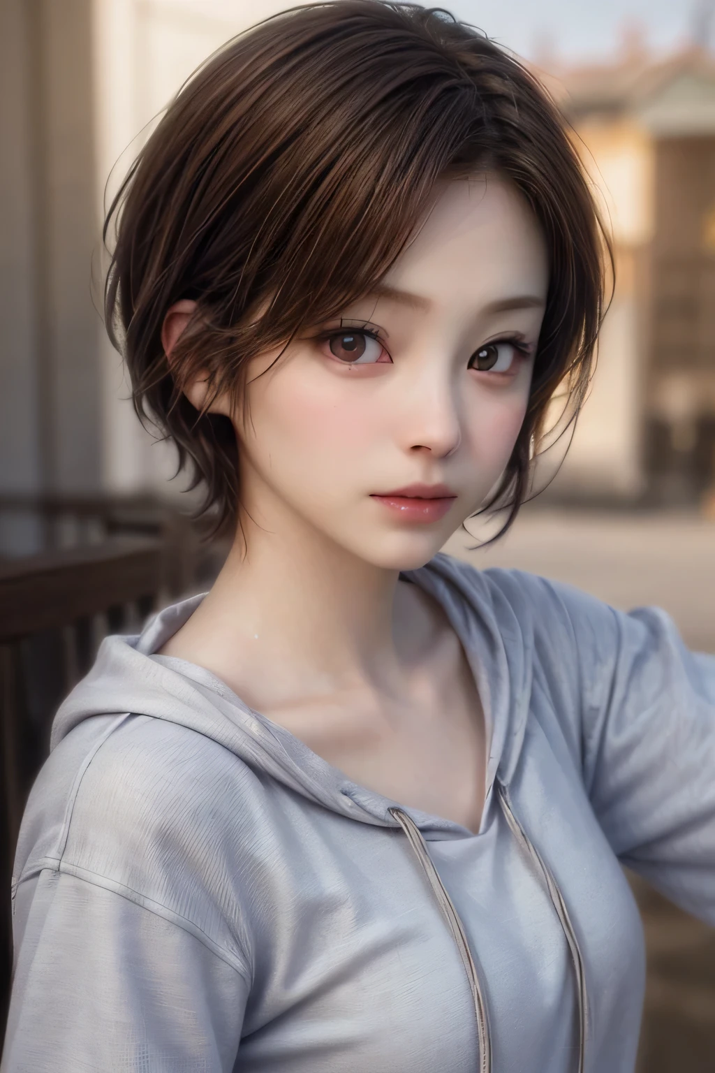 (NSFW:-1.5), (masterpiece:1.3),
(8k, photorealistic, RAW photo, best quality: 1.4),
cinematic lighting, (1girl),
beautiful face, (realistic face),
beautiful hairstyle, (short hair :1.5),
realistic eyes, beautiful detailed eyes,
(realistic skin), beautiful skin,
(hoodie without a hood),
absurdres, attractive, ultra high res, ultra realistic,
highly detailed, golden ratio,