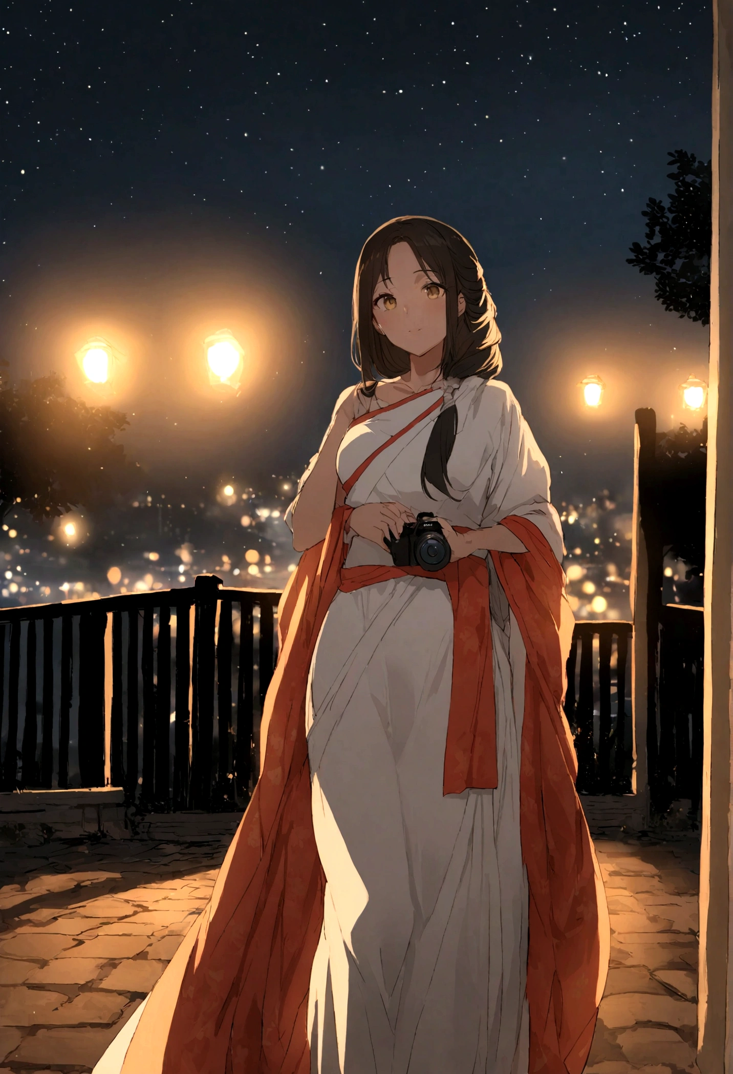 there is a woman standing in a white dress by a fence, at night time, with glowing lights at night, background is heavenly, taken with sony alpha 9, dressed in a sari, wearing bihu dress mekhela sador, at nighttime, it is night time, taken with the best dlsr camera, wearing a sari, assamese aesthetic