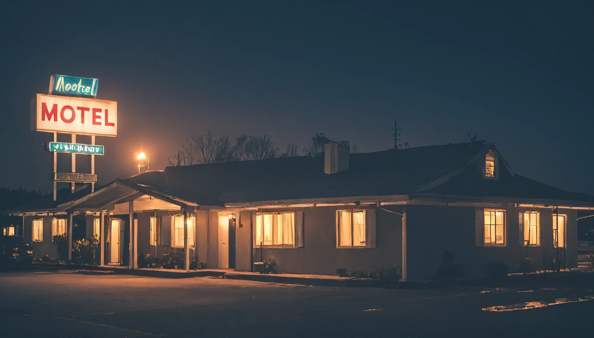 motel building, night lighting, horror lighting