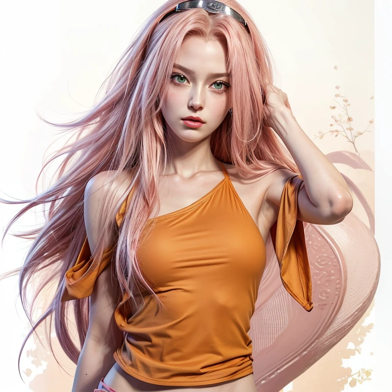 young woman, short shoulder-length pink hair, wide forehead, porcelain skin, pink eyebrows, big emerald green eyes, buttoned nose, full lips, heart-shaped face, slender body, small breasts, red tank top, Sakura Haruno , realistic, realism, details, 3d, well detailed