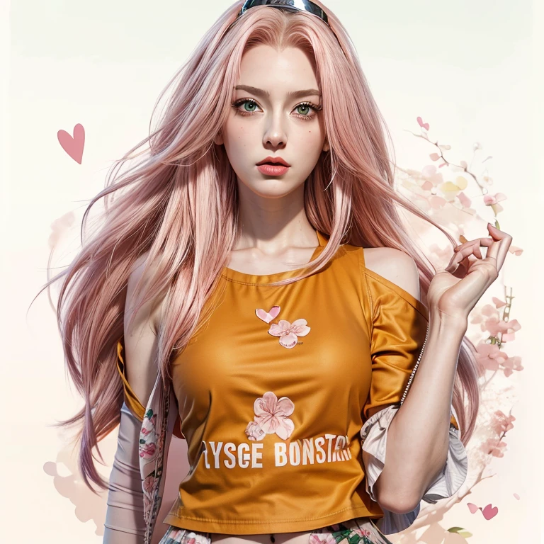 young woman, short shoulder-length pink hair, wide forehead, porcelain skin, pink eyebrows, big emerald green eyes, buttoned nose, full lips, heart-shaped face, slender body, small breasts, red tank top, Sakura Haruno , realistic, realism, details, 3d, well detailed
